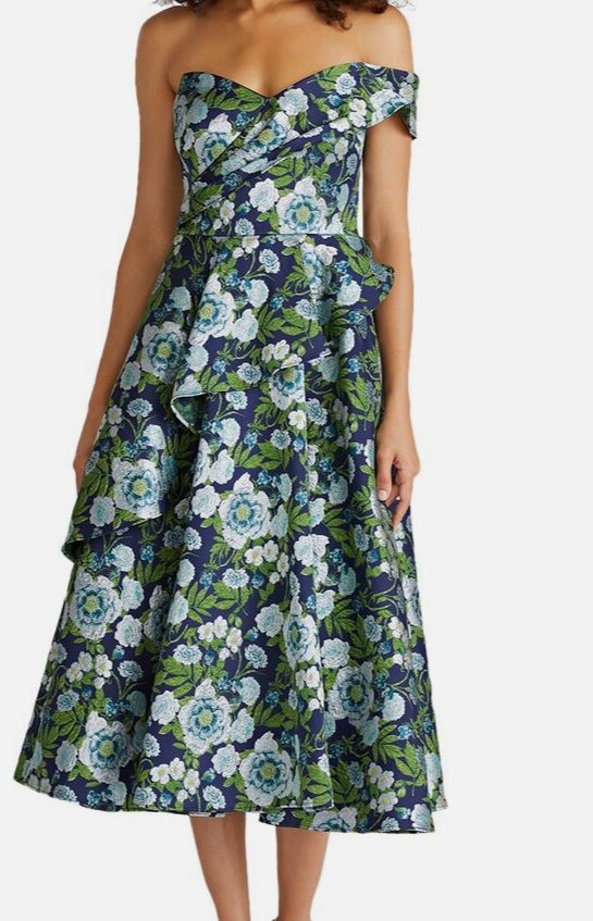 Theia Women Blue Tatum Peplum a-Line MIDI Dress Size 4