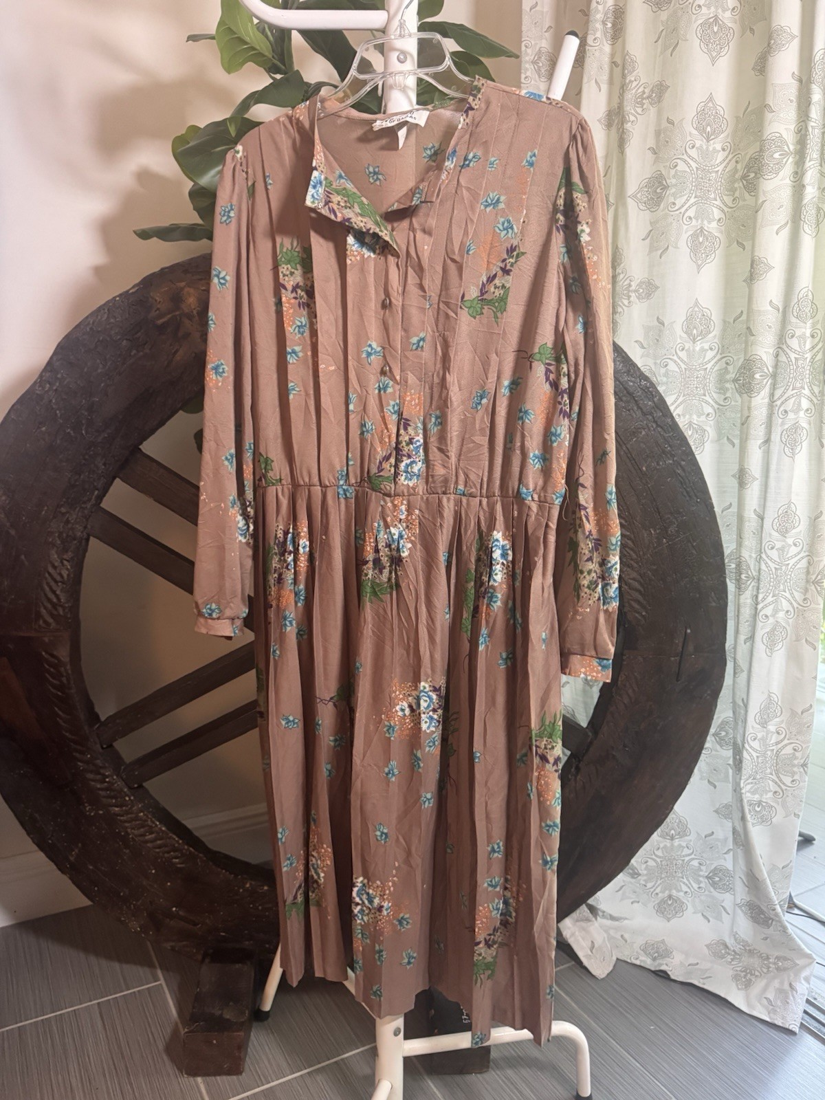 VTG 70s Malouf of Dallas Floral Secretary Midi Dress Long Sleeve Brown M/L VTG 70s Malouf of Dallas Floral Secretary Midi Dress Long Sleeve Brown M/L