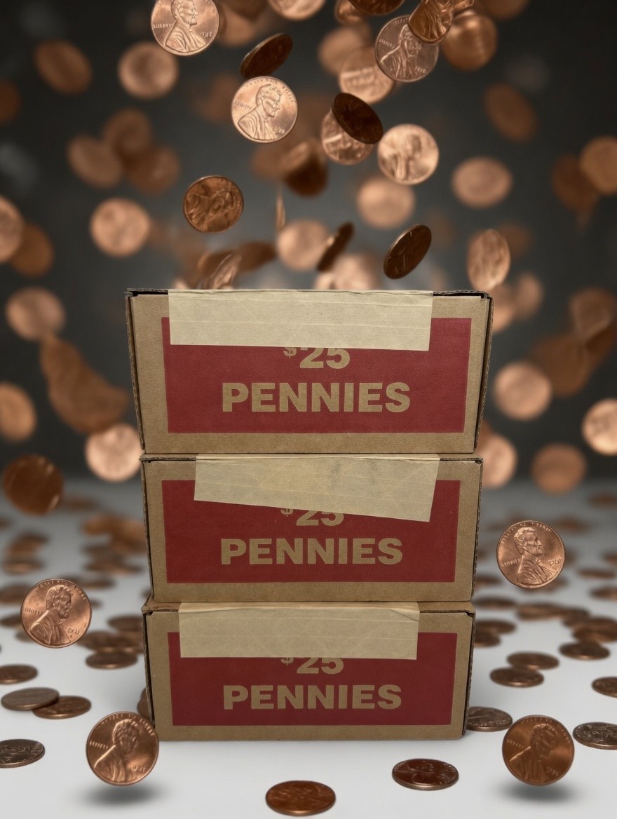 $25 Face Value Box of 50 Rolls Circulated Pennies Unsearched Bank Box