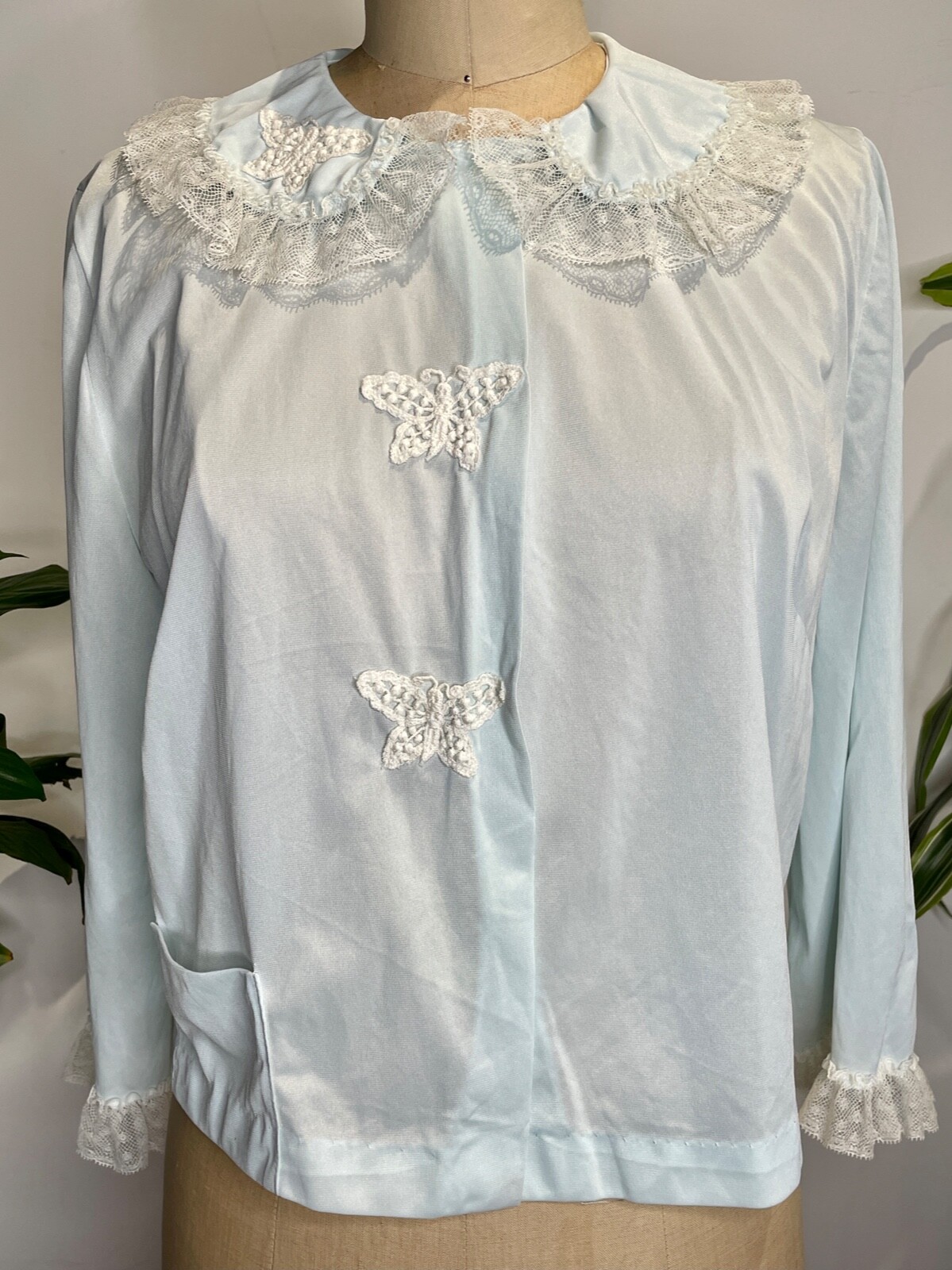 VTG 60\'S STELLA FAGIN BLUE NYLON&LACE BUTTERFLY TRIM PJ PAJAMA TOP BED JACKET*S