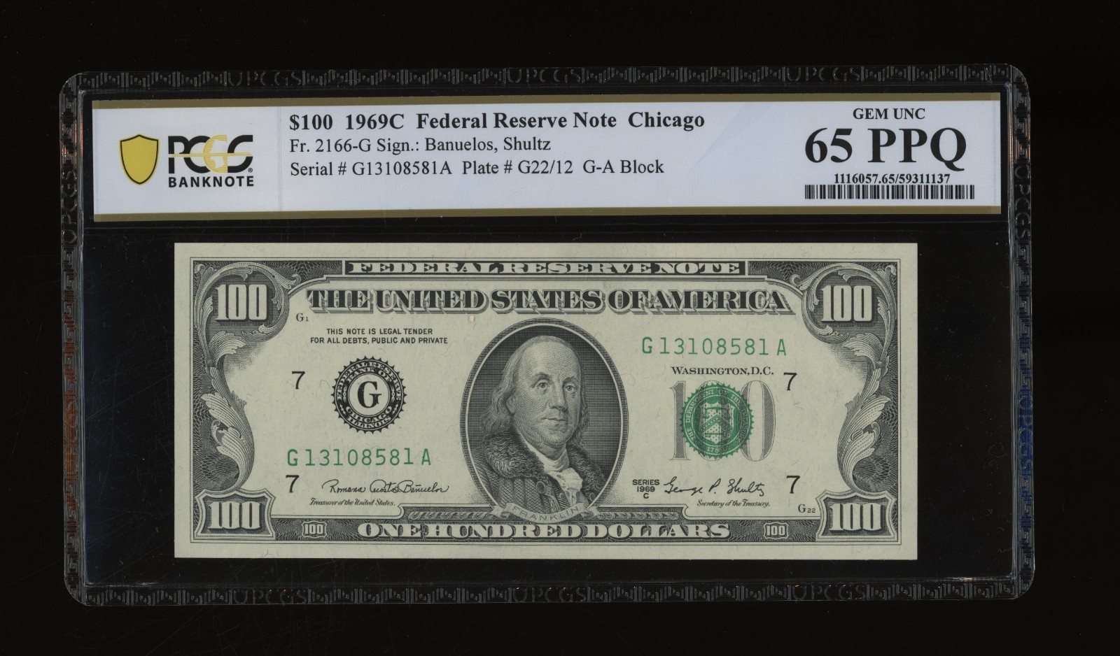 DBR 1969-C $100 FRN Chicago Fr. 2166-G Gem PCGS-B 65 PPQ Serial G13108581A
