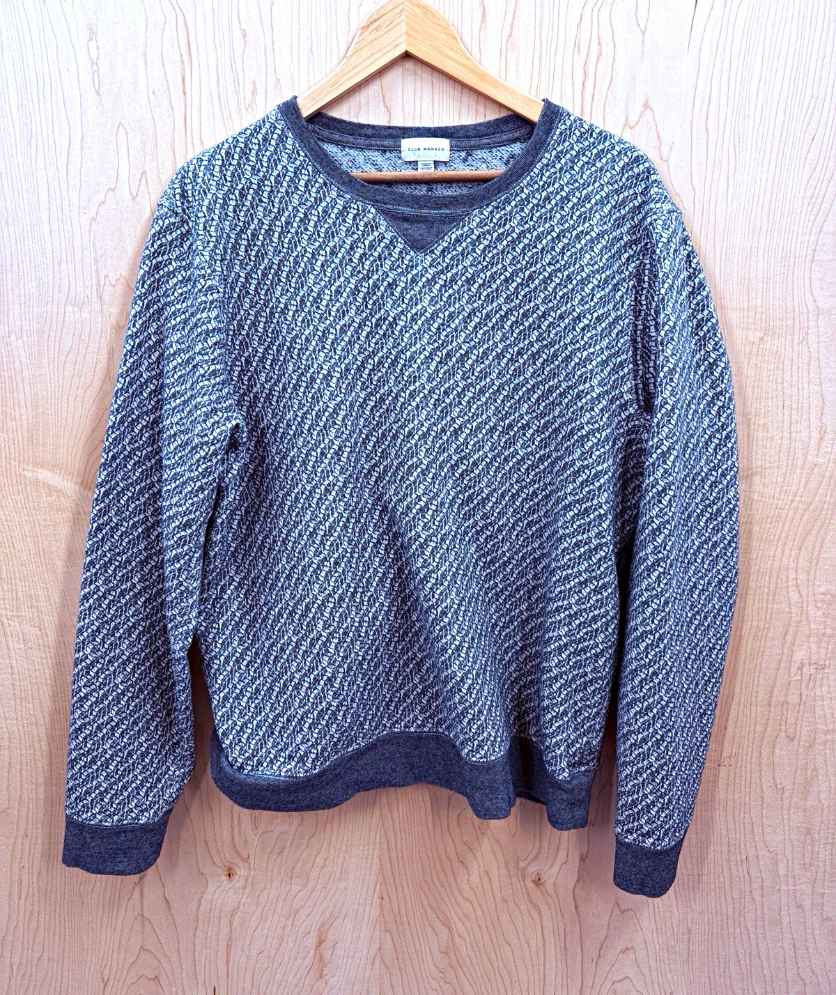 Club Monaco XL Gray Checkered 80s Y2K Sweater Cotton Knit Crew Neck Pullover 