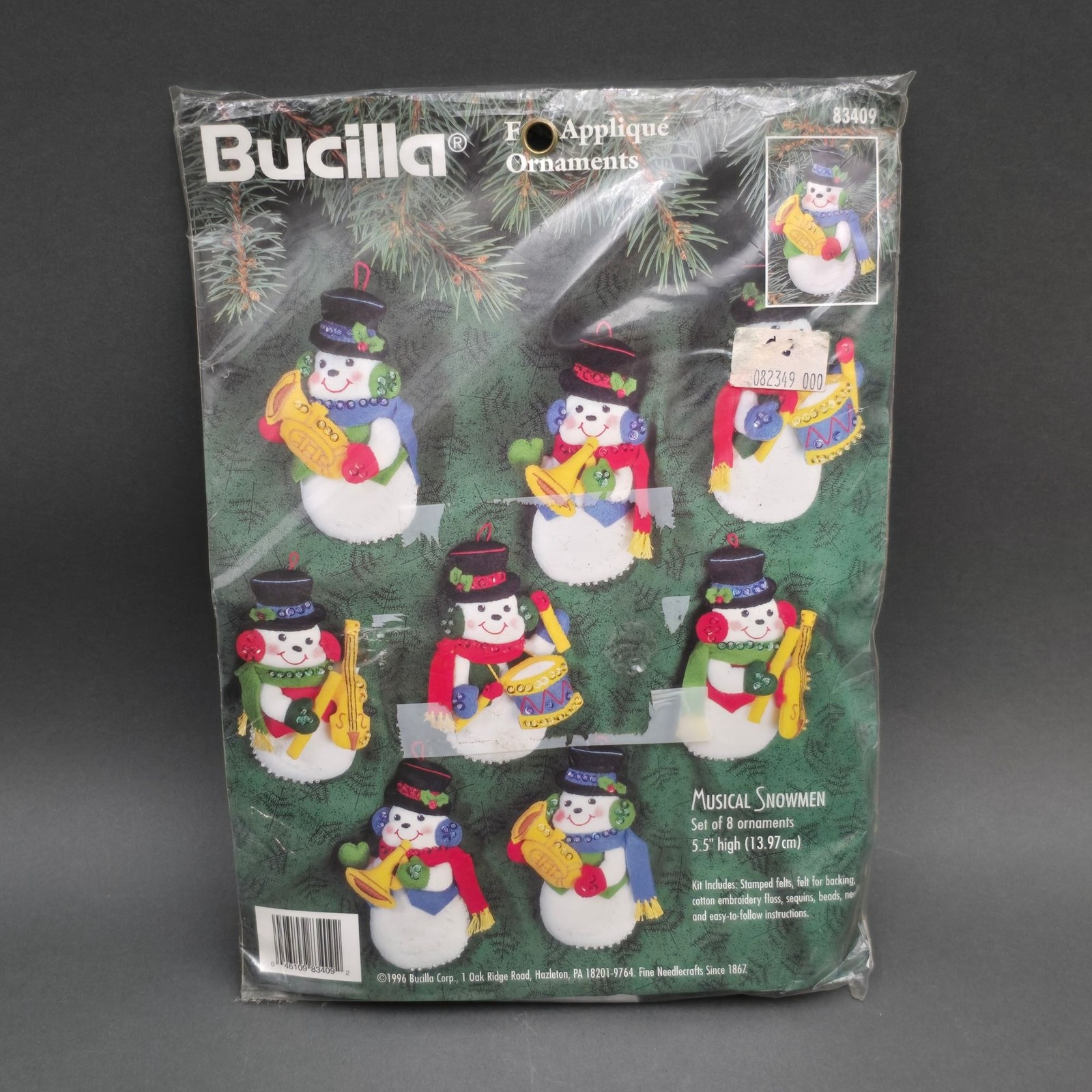 Vintage 1996 Bucilla Musical Snowmen Felt Applique Ornament Kit 83409 Set of 8