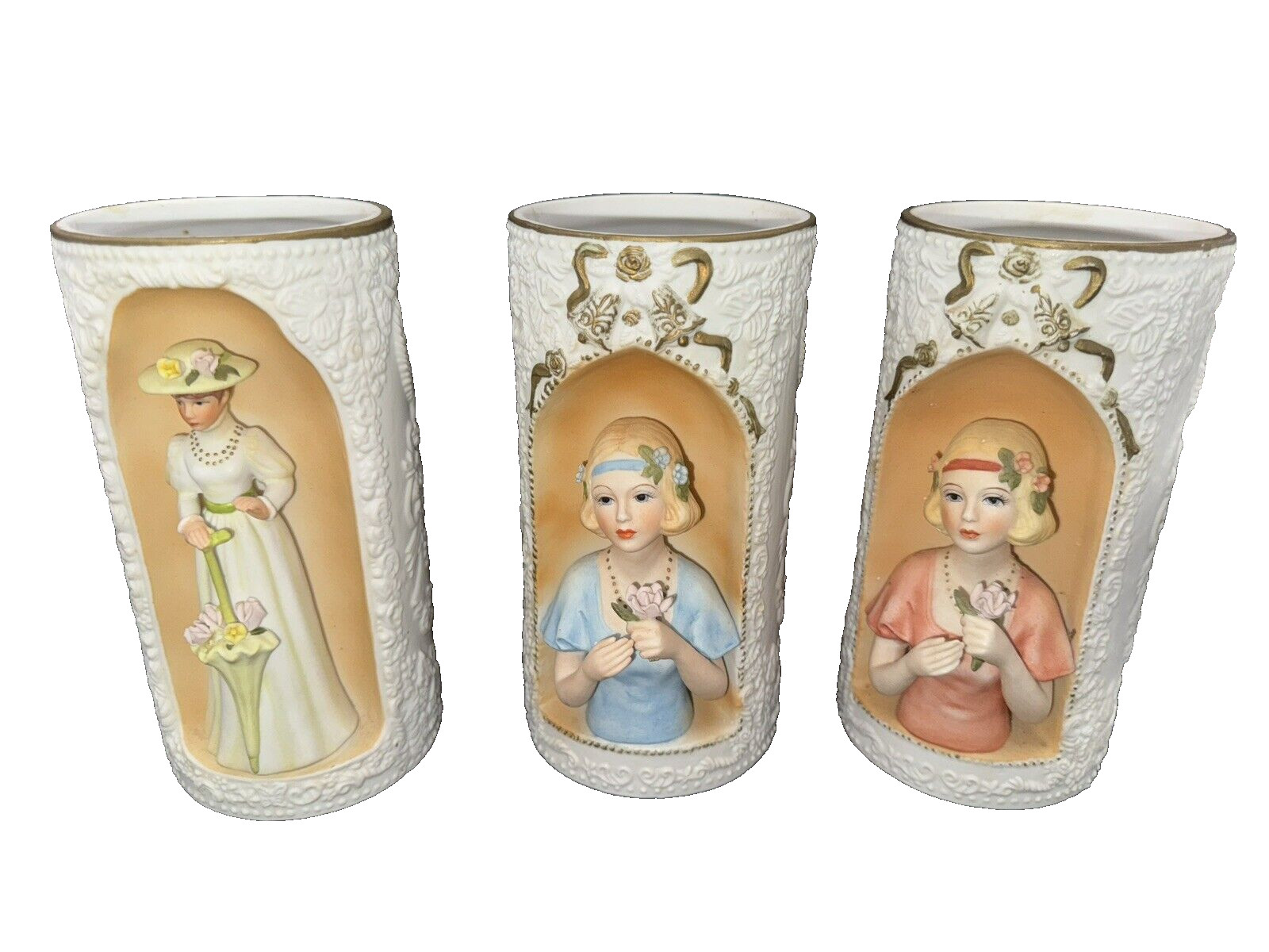 Vintage Enesco Set of 3 Lady 3D Porcelain Vases Victorian Floral Gold Trim