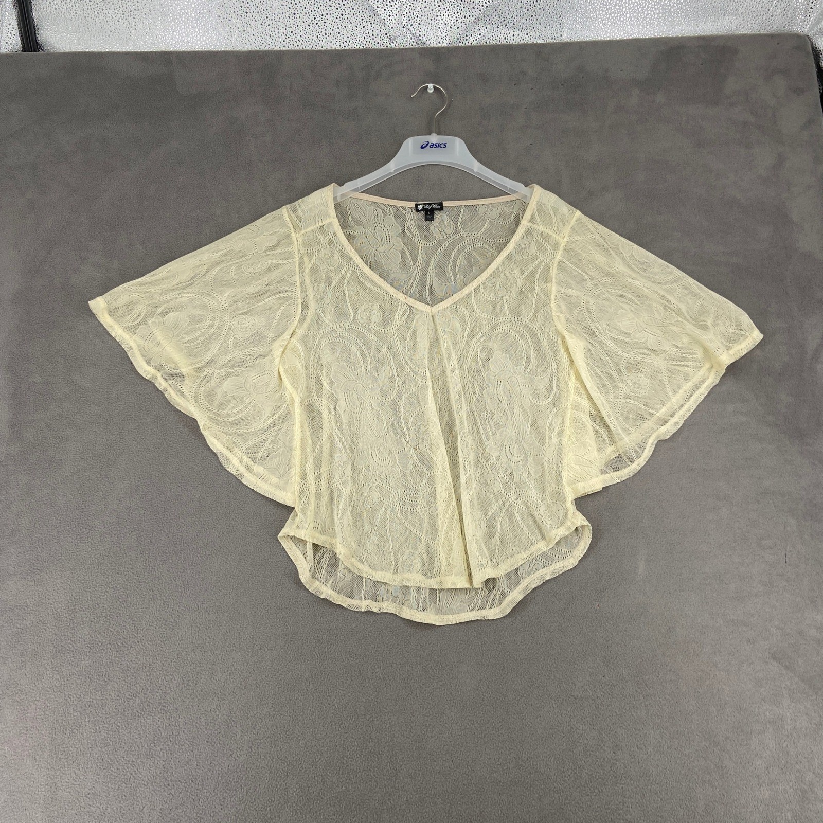 Lily White Cream Lace Mesh V-Neck Top Y2K Flutter Angel Sleeve Blouse Large