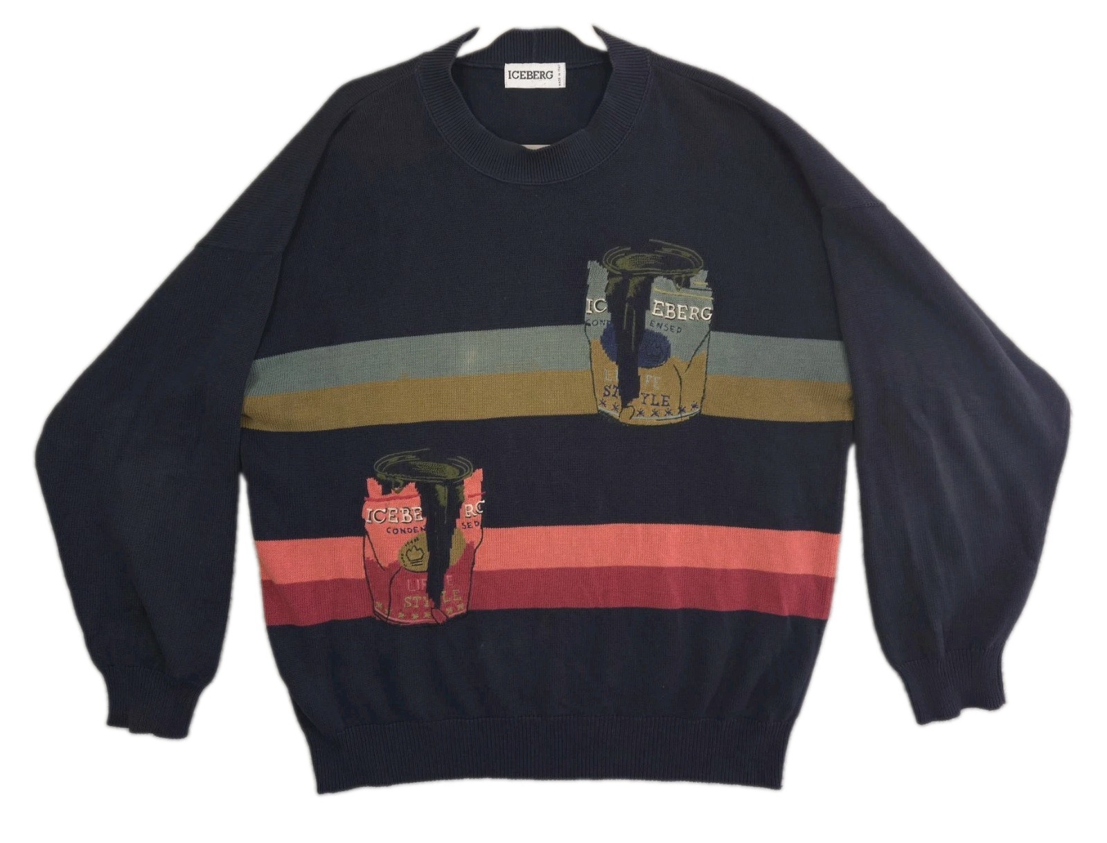Iceberg VTG 90s Knit Cotton Sweater Paint Cans Mens Size VI (2XL) Oversized Boxy