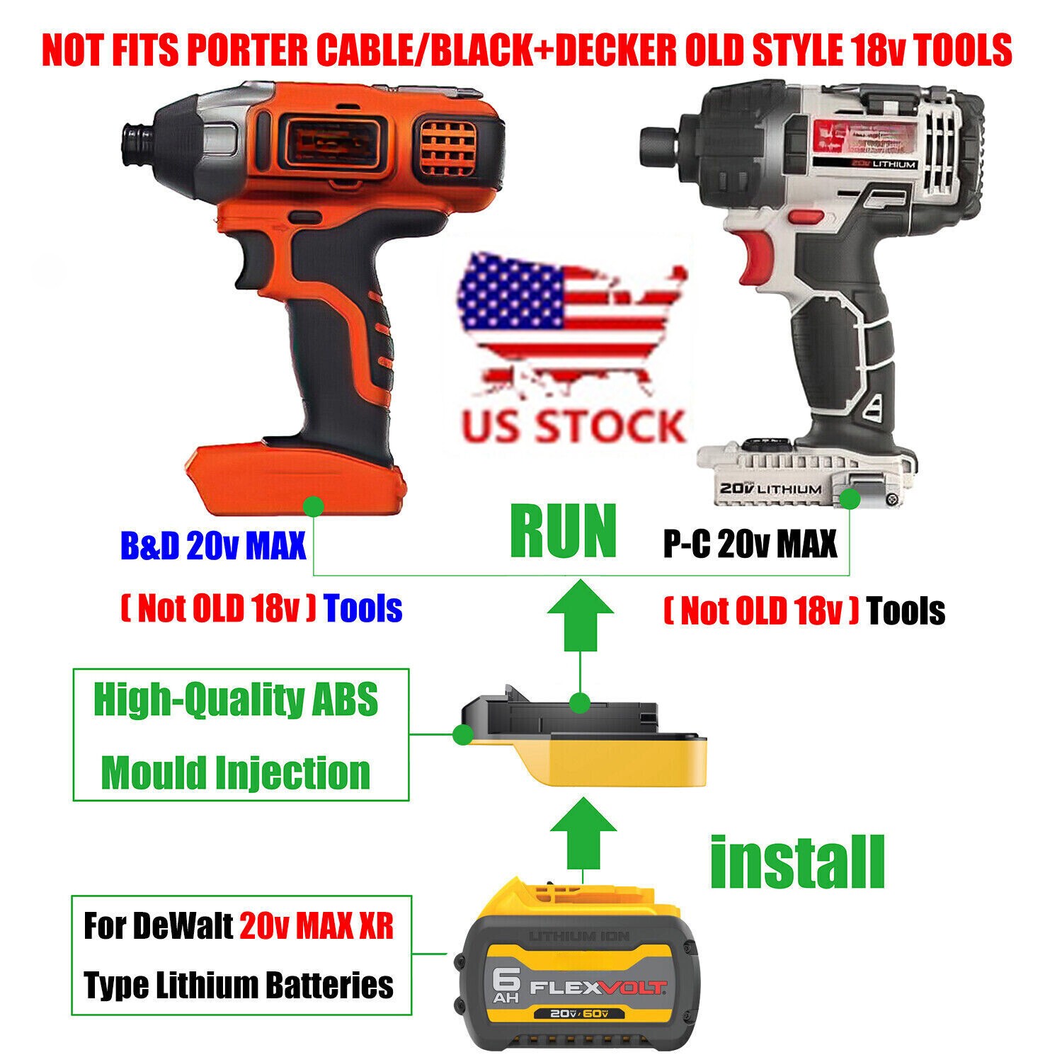 1x Adaptor for Black+Decker, Porter Cable 20V Tools, Fits DeWalt 20v/60v Battery 1x Adaptor for Black+Decker, Porter Cable 20V Tools, Fits DeWalt 20v/60v Battery