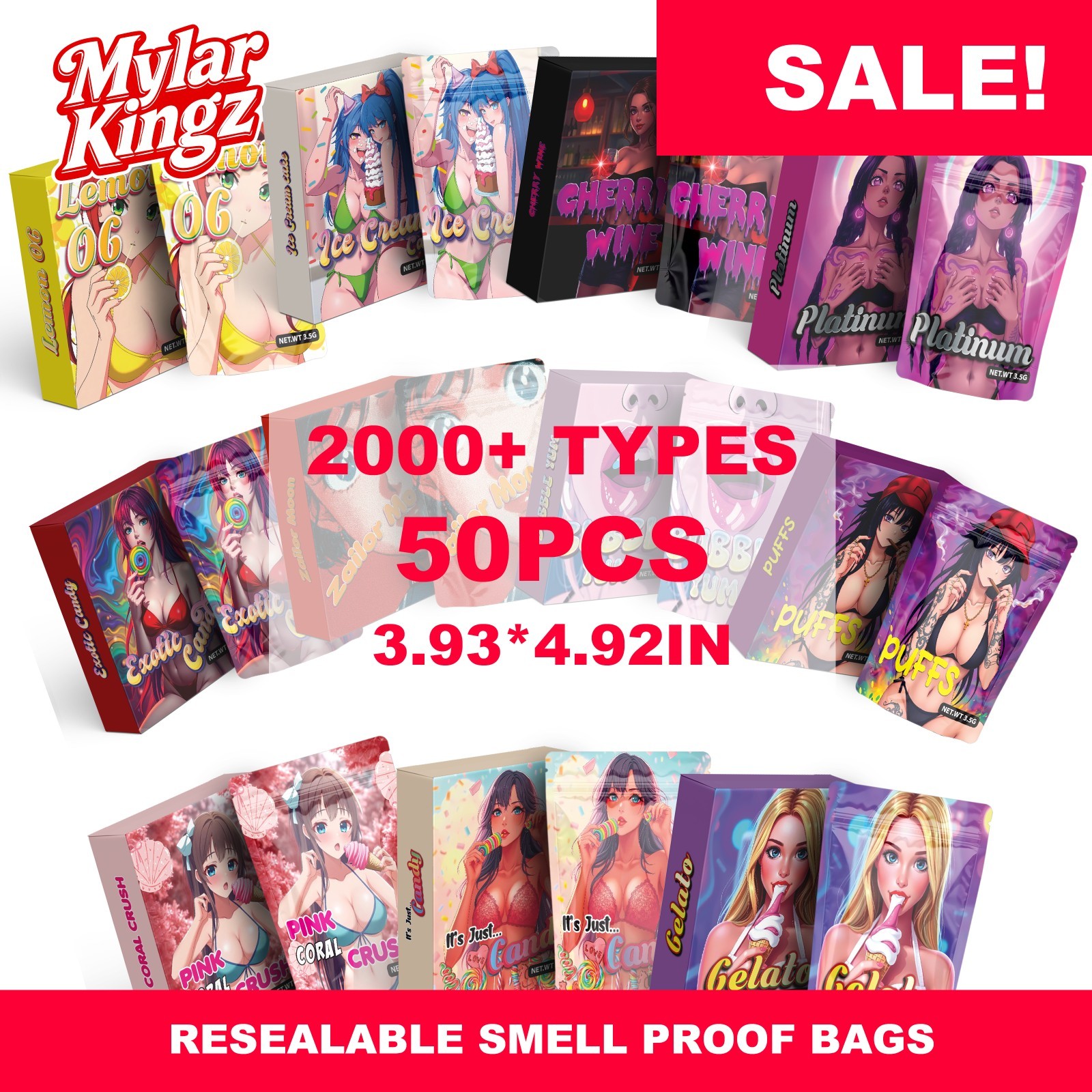 50pcs random Girls Design｜Holographic｜Mylar Bag + Box｜Resealable｜3.5gram
