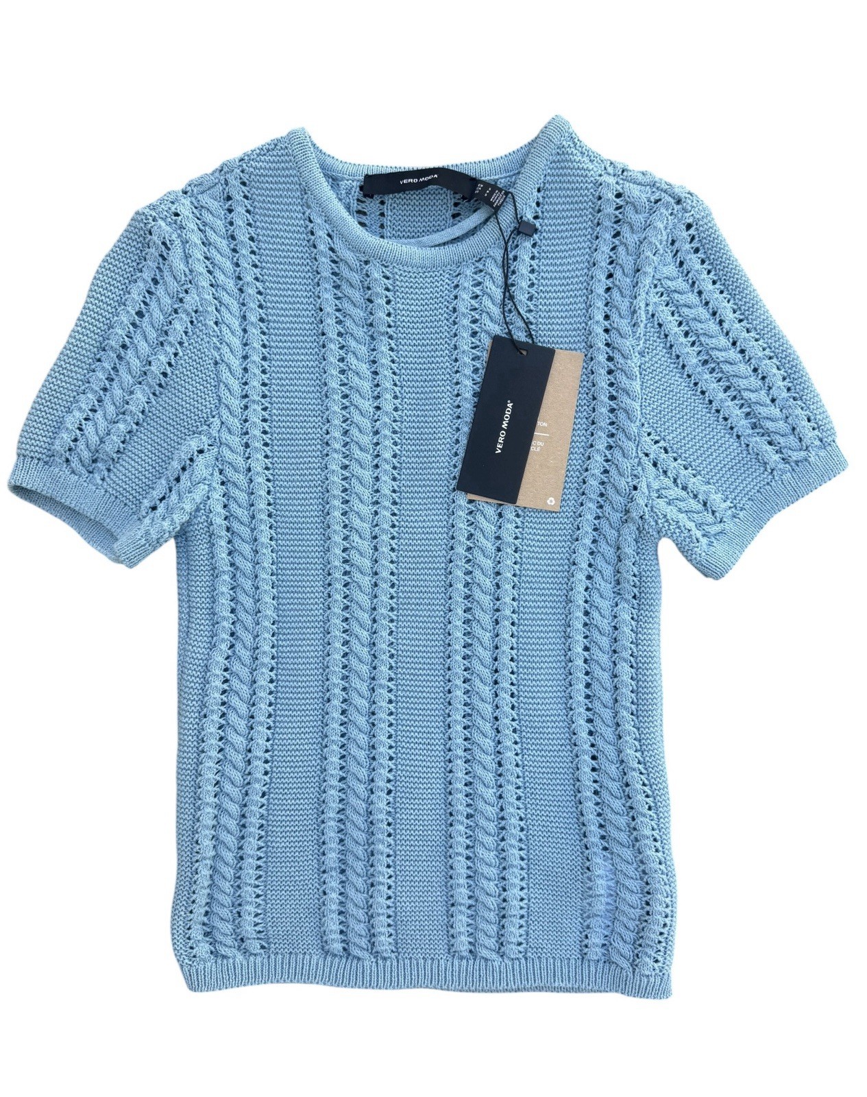 Vero Moda Nora Sweater Top S NWT Blue Cable Knit Short Sleeve VMNORA SS