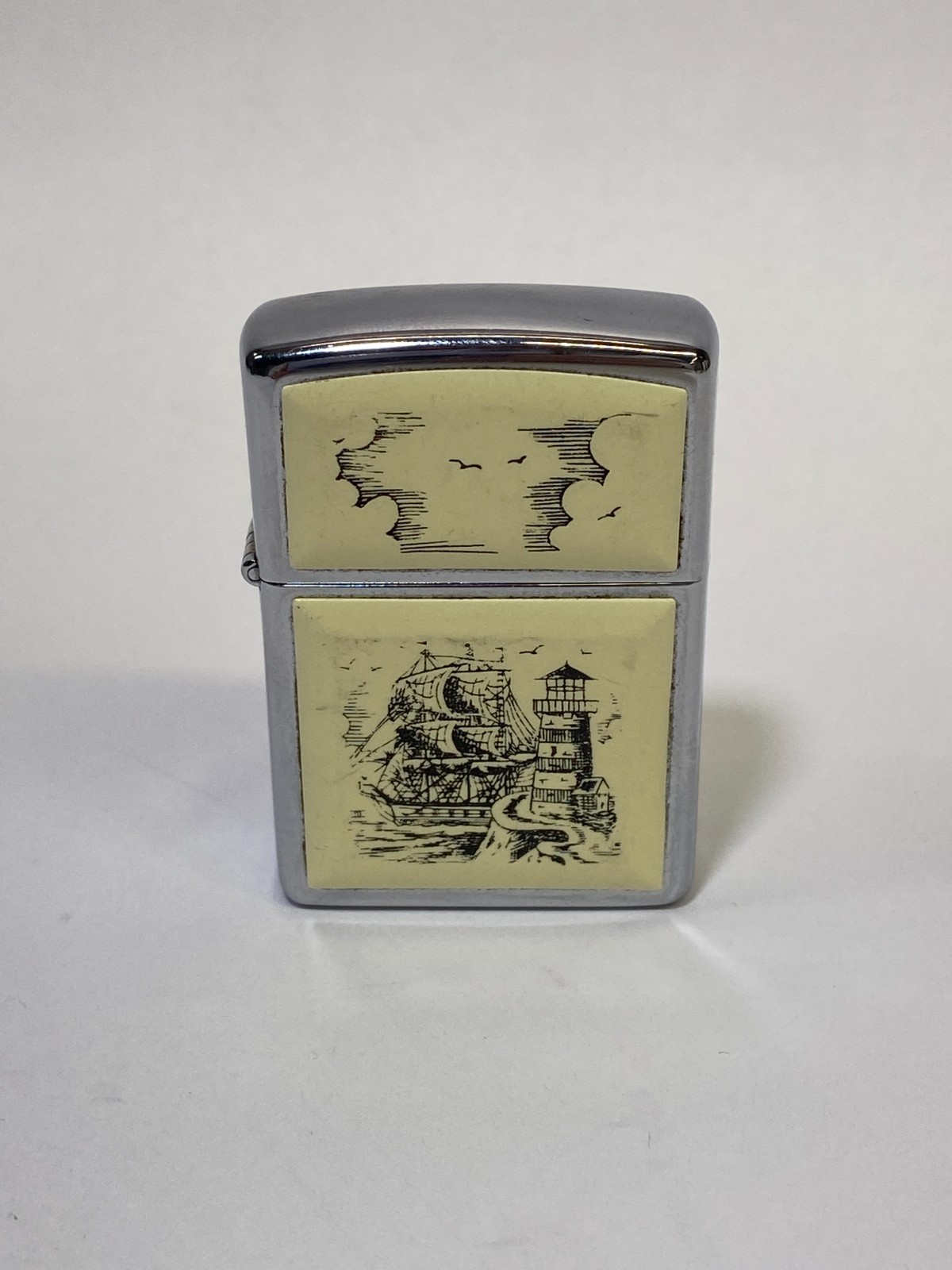 Vintage 1996 Zippo Ship Lighthouse Scrimshaw Inlay Lighter USA Vintage 1996 Zippo Ship Lighthouse Scrimshaw Inlay Lighter USA