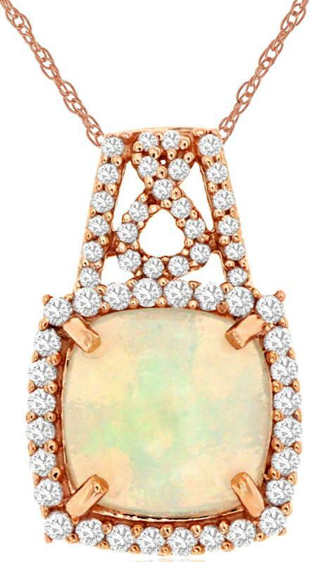 1.63CT DIAMOND & AAA OPAL 14K ROSE GOLD CUSHION & ROUND HALO SQUARE LOVE PENDANT
