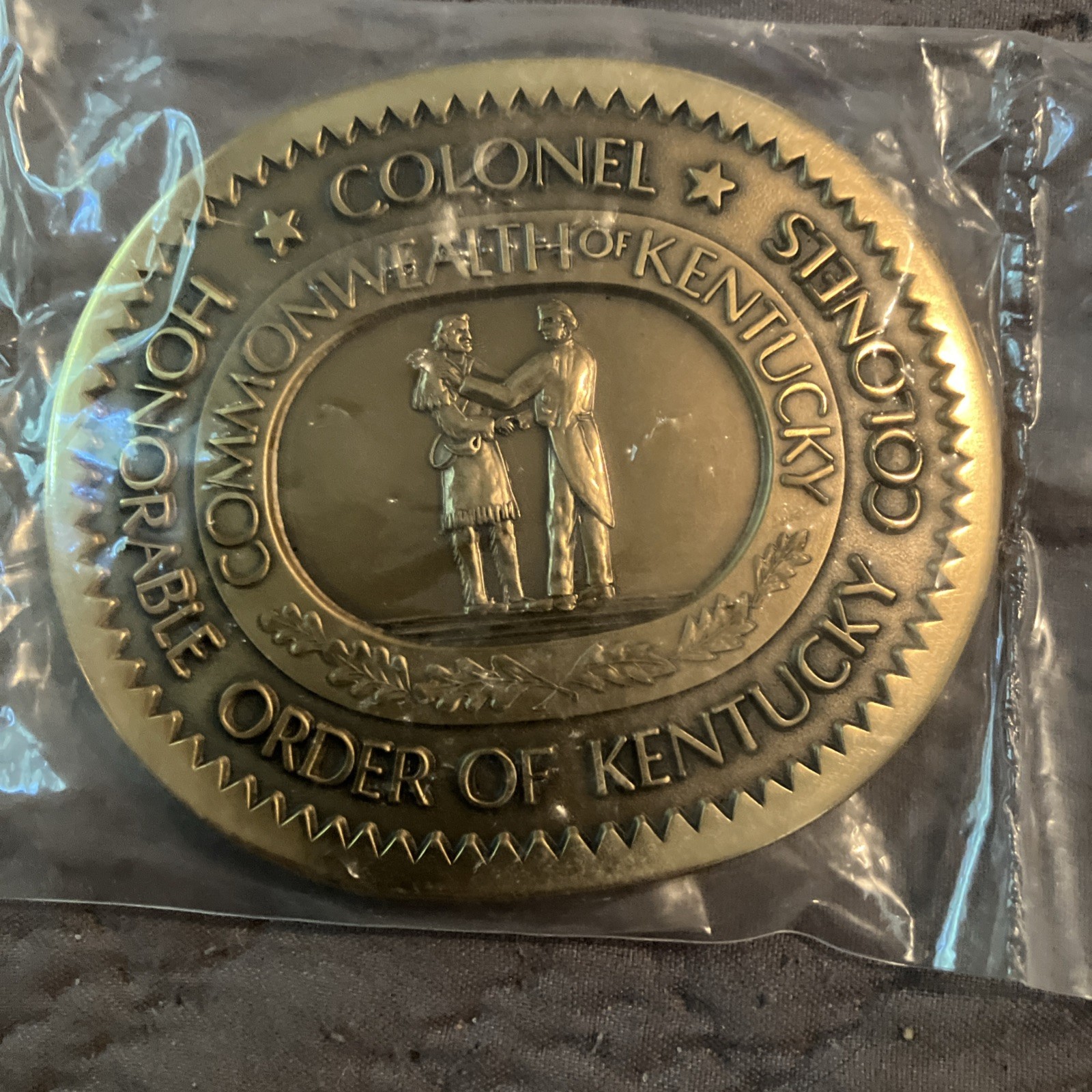 Vintage Kentucky Colonels Isaac Shelby Brass Belt Buckle State Seal new in pack Vintage Kentucky Colonels Isaac Shelby Brass Belt Buckle State Seal new in pack