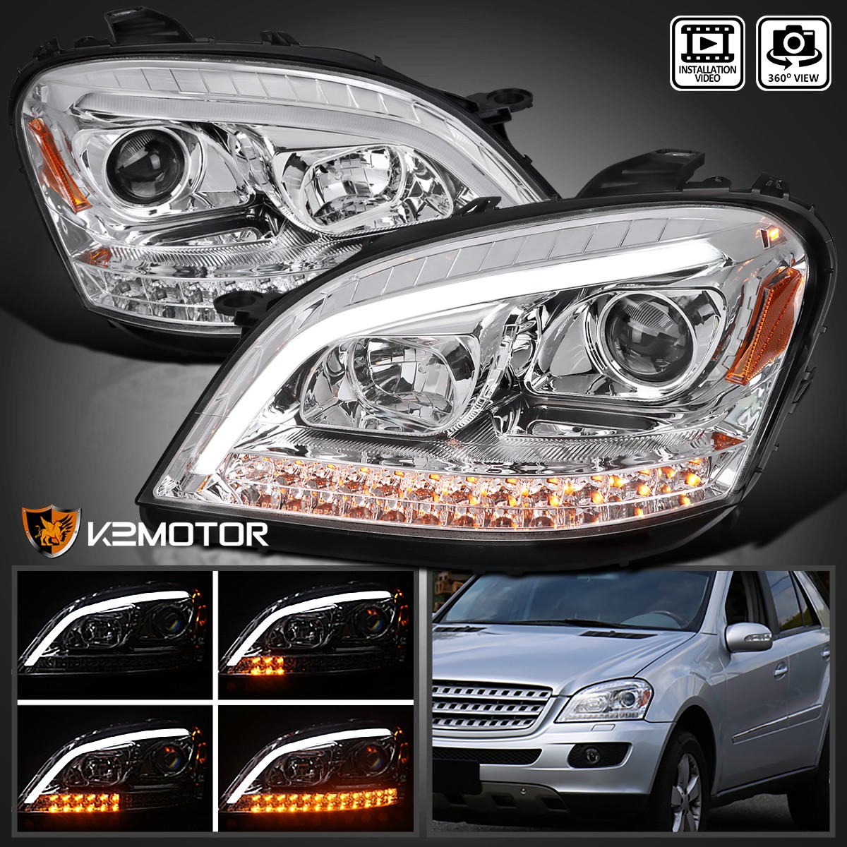 Fits 2006-2008 Benz W164 ML350 ML500 Projector Headlights LED Sequential Signal Fits 2006-2008 Benz W164 ML350 ML500 Projector Headlights LED Sequential Signal