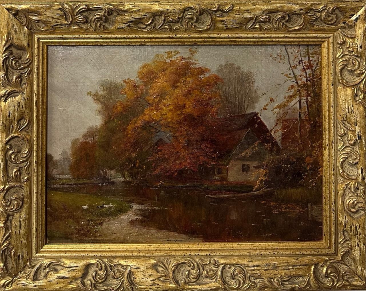Antique European School Oil Painting Autumn River Cottage Landscape Gilt Frame