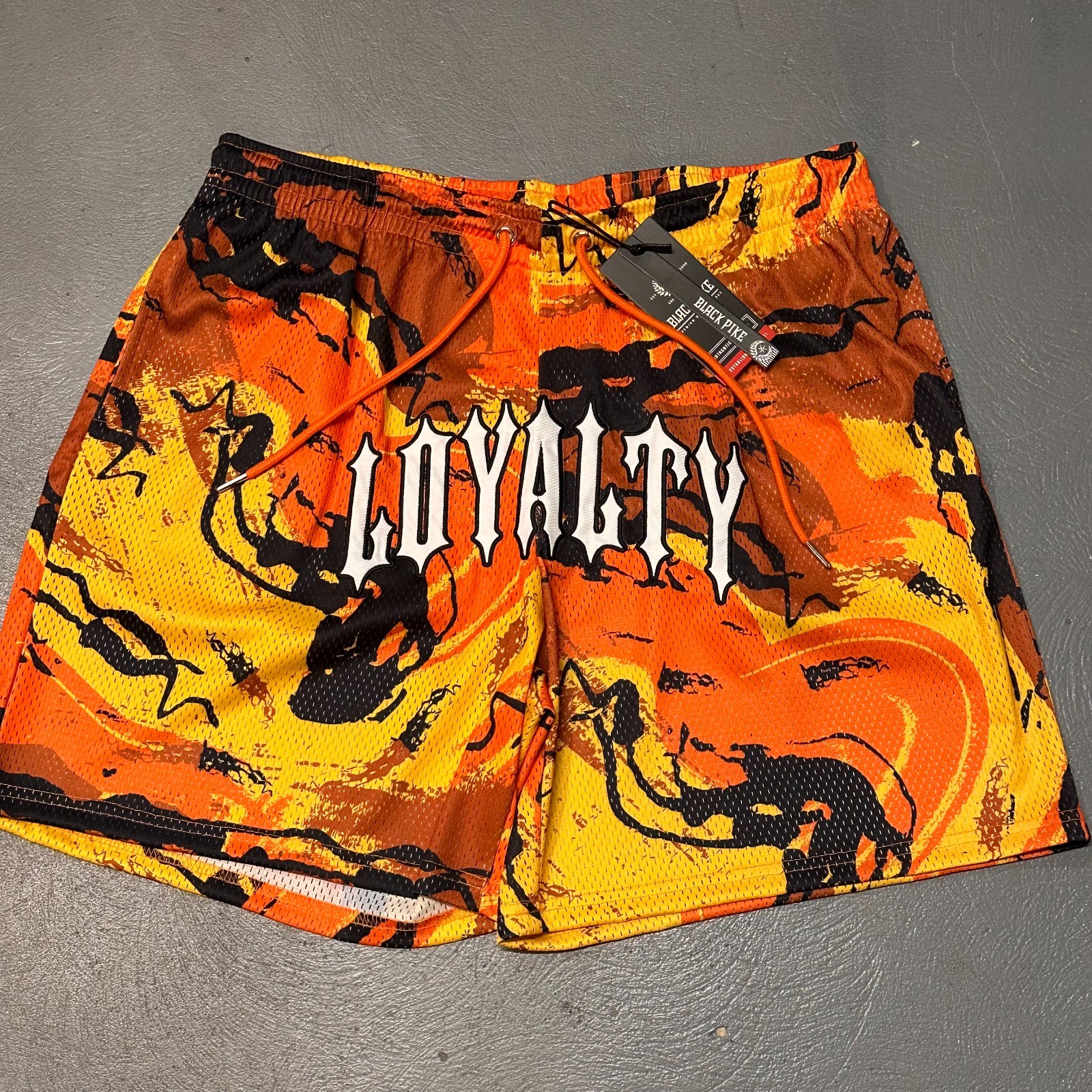 Black Pike Loyalty Mesh Shorts Size X-Large Orange Flame Camo New With Tag