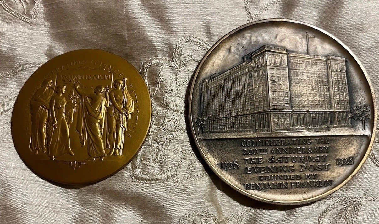 Two Antique Ben Franklin Medals LARGE 75mm & 100mm Two Antique Ben Franklin Medals LARGE 75mm & 100mm