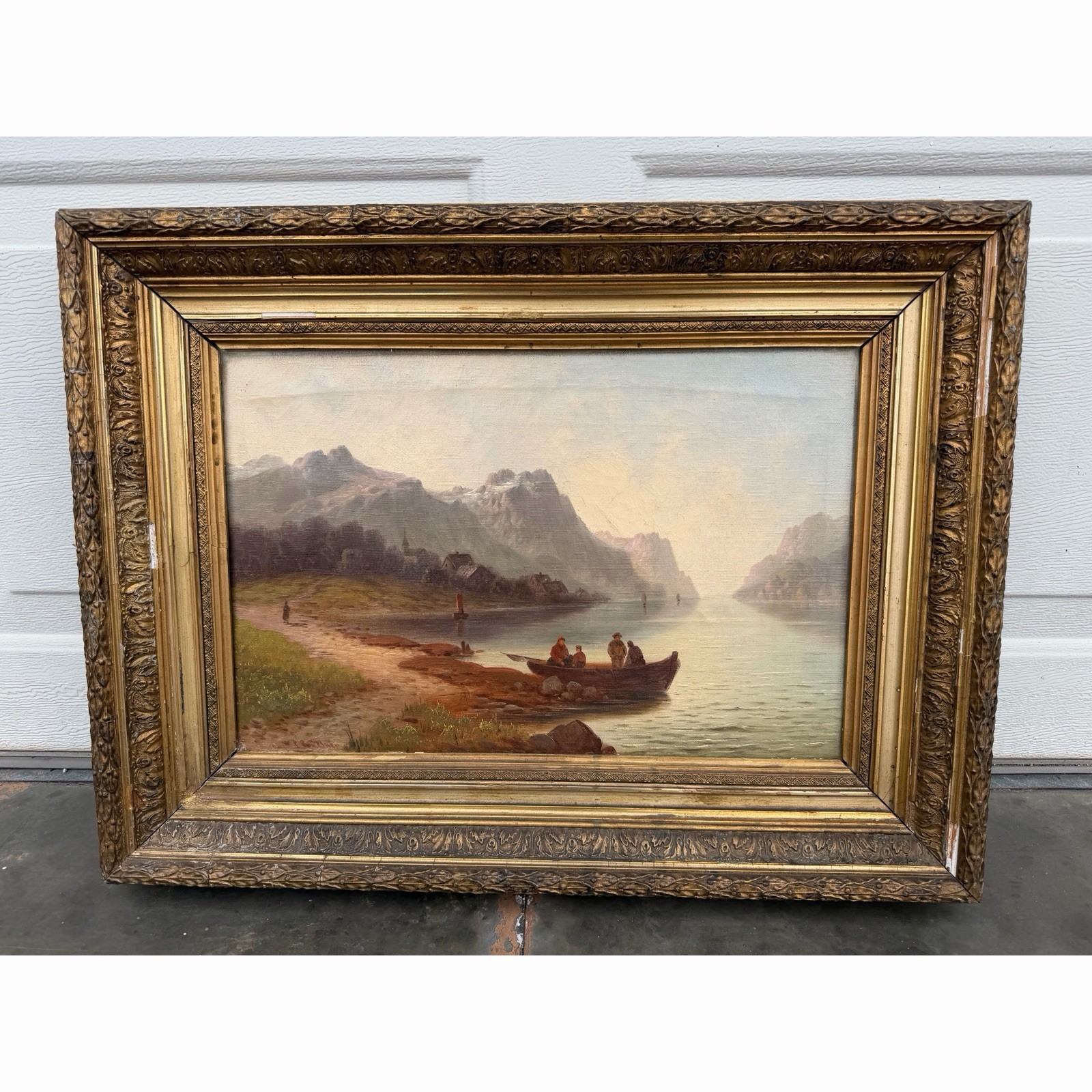 Large Antique Original Oil Canvas Painting Mountains Lake Town Scene Signed Large Antique Original Oil Canvas Painting Mountains Lake Town Scene Signed