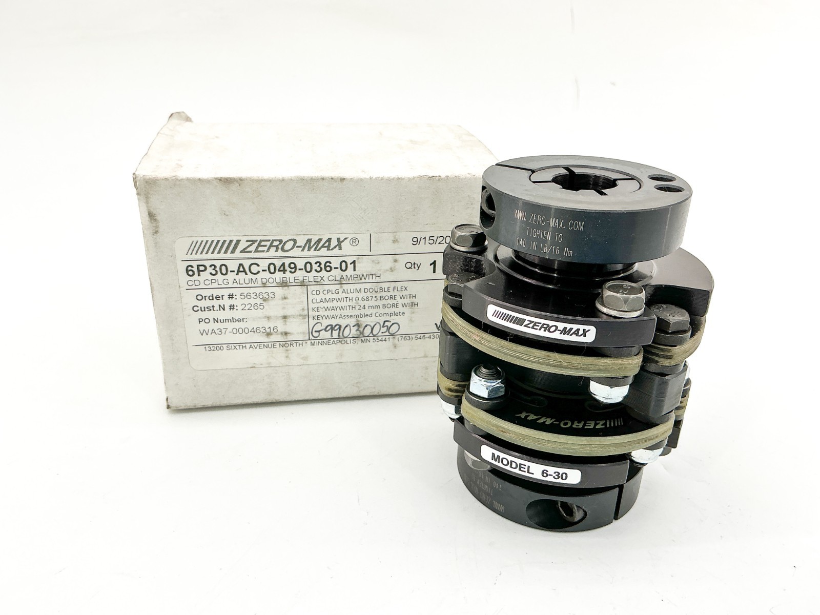 New Zero-Max 6P30-AC-049-036-01 Double Flex Clamp 0.6875 Bore CD CPLG ALUM