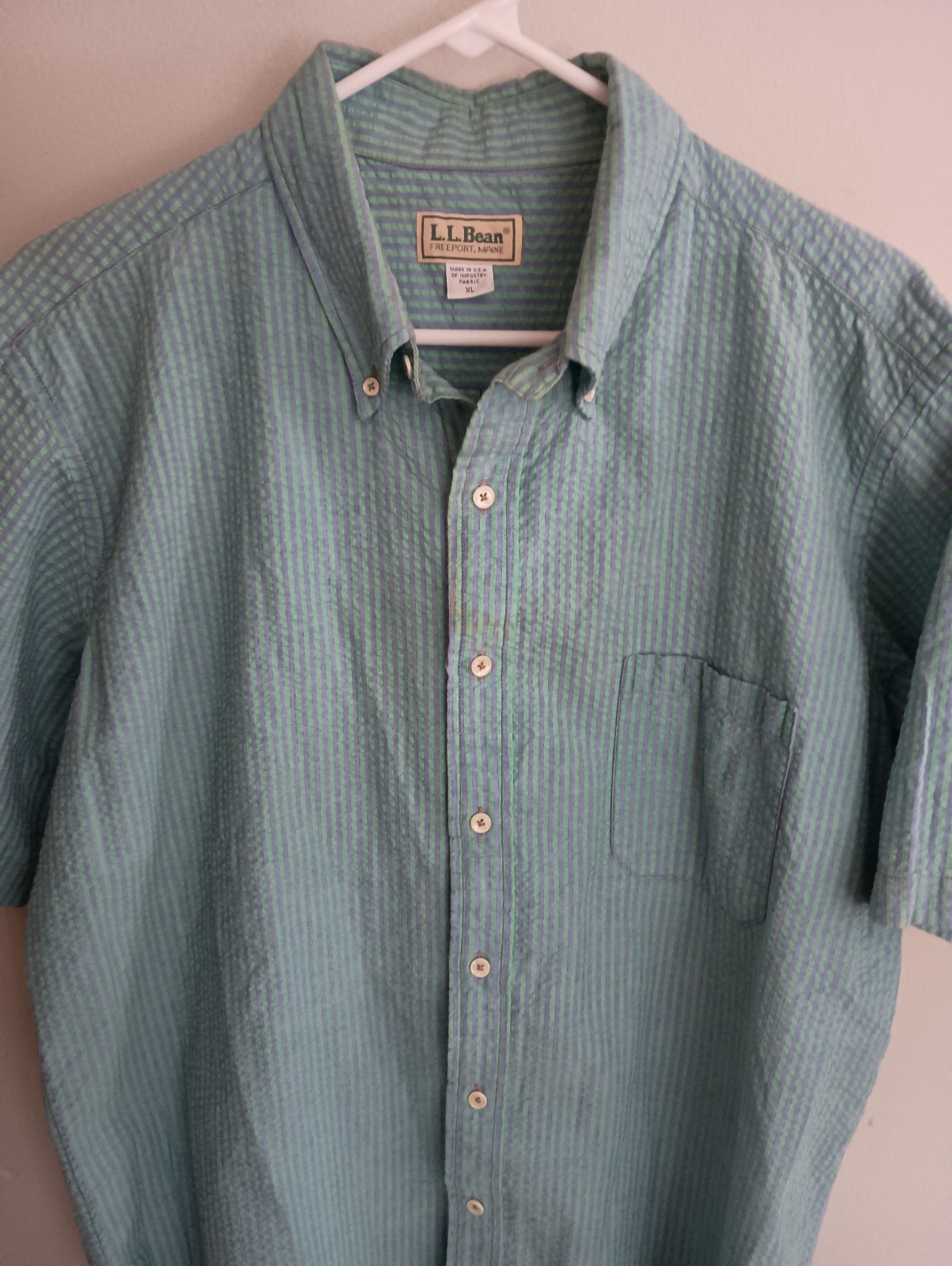Vtg L.L. Bean Made In USA Seersucker Shirt Mens Size XL Striped Short Sleeve