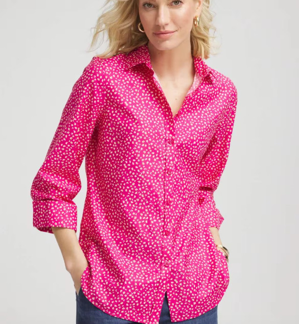 Chico\'s No Iron Pink Cheetah Stretch Shirt Button-Up Career Preppy Classic Sz L Chico\'s No Iron Pink Cheetah Stretch Shirt Button-Up Career Preppy Classic Sz L