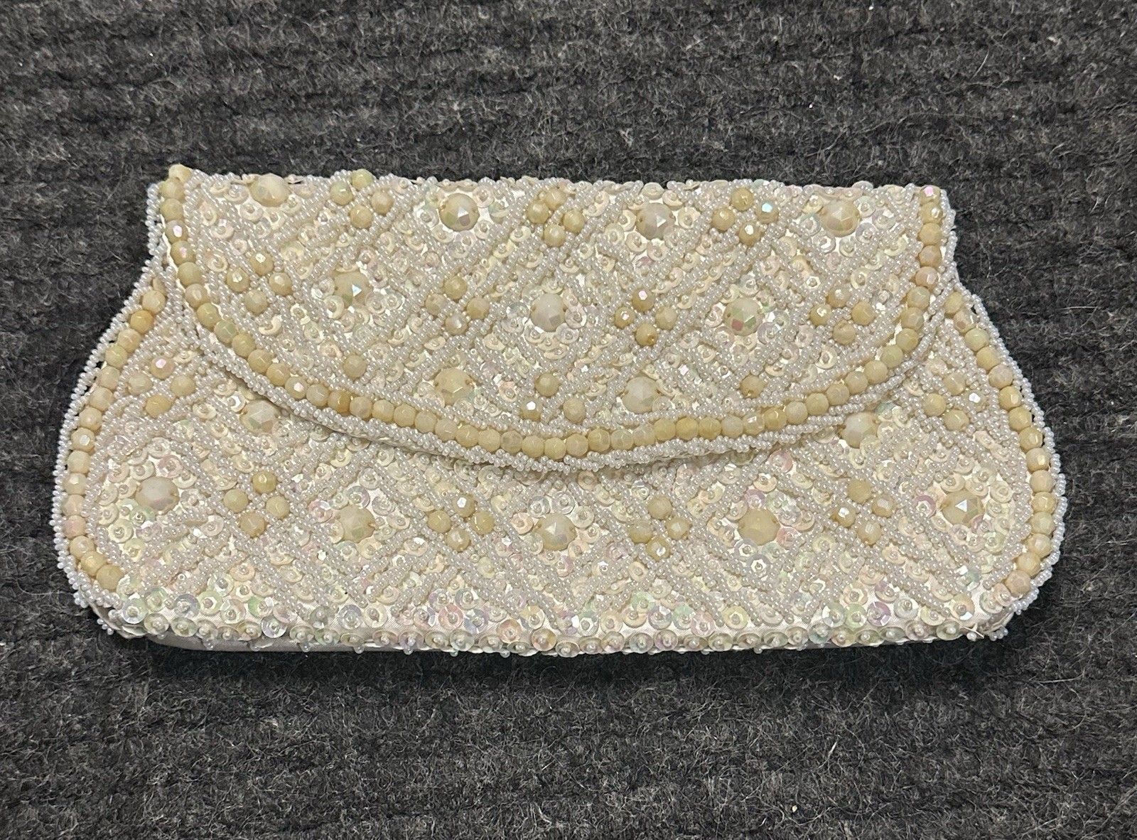 Vtg 1960s Iridescent Sequin Faux Pearl Clutch Purse Handmade Hong Kong Glam