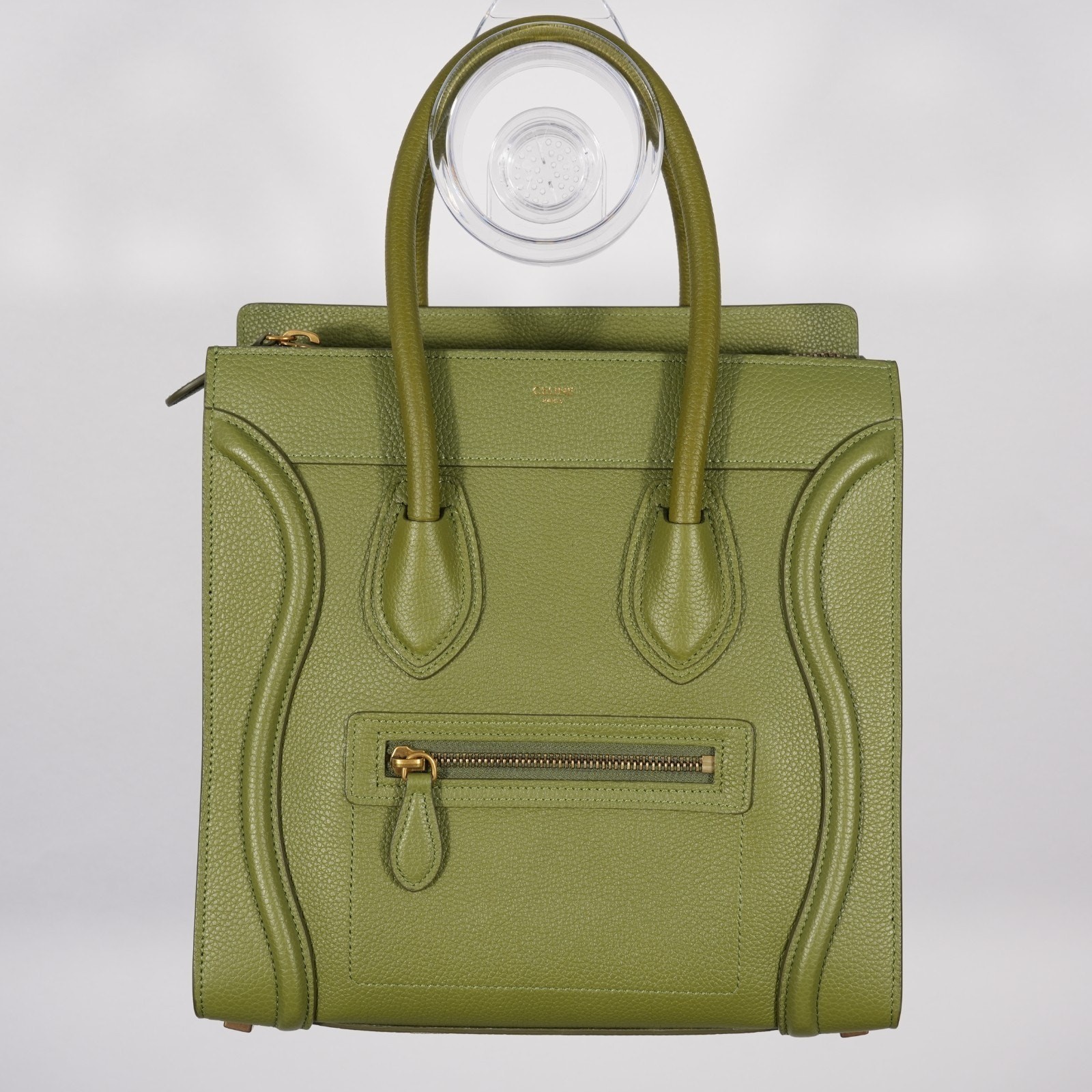 * Celine Micro Shopper Handbag Light Green Khaki Gold Hardware Drummed Leather * Celine Micro Shopper Handbag Light Green Khaki Gold Hardware Drummed Leather