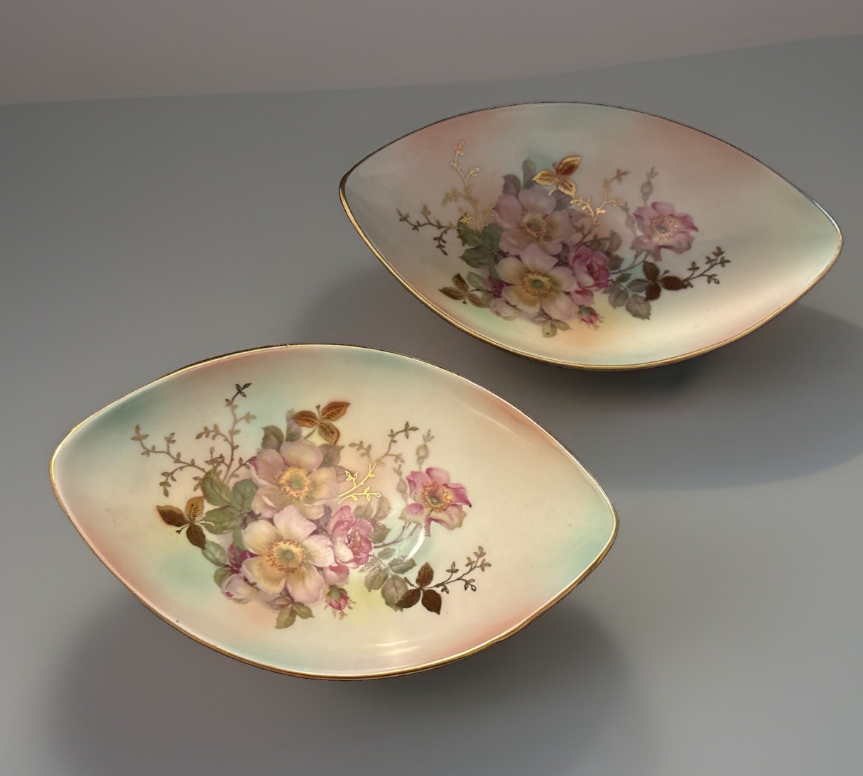 2  VTG Schumann Arzberg Bavaria Germany HP Wild Roses Oval Bowl Vtg Heavy Gold