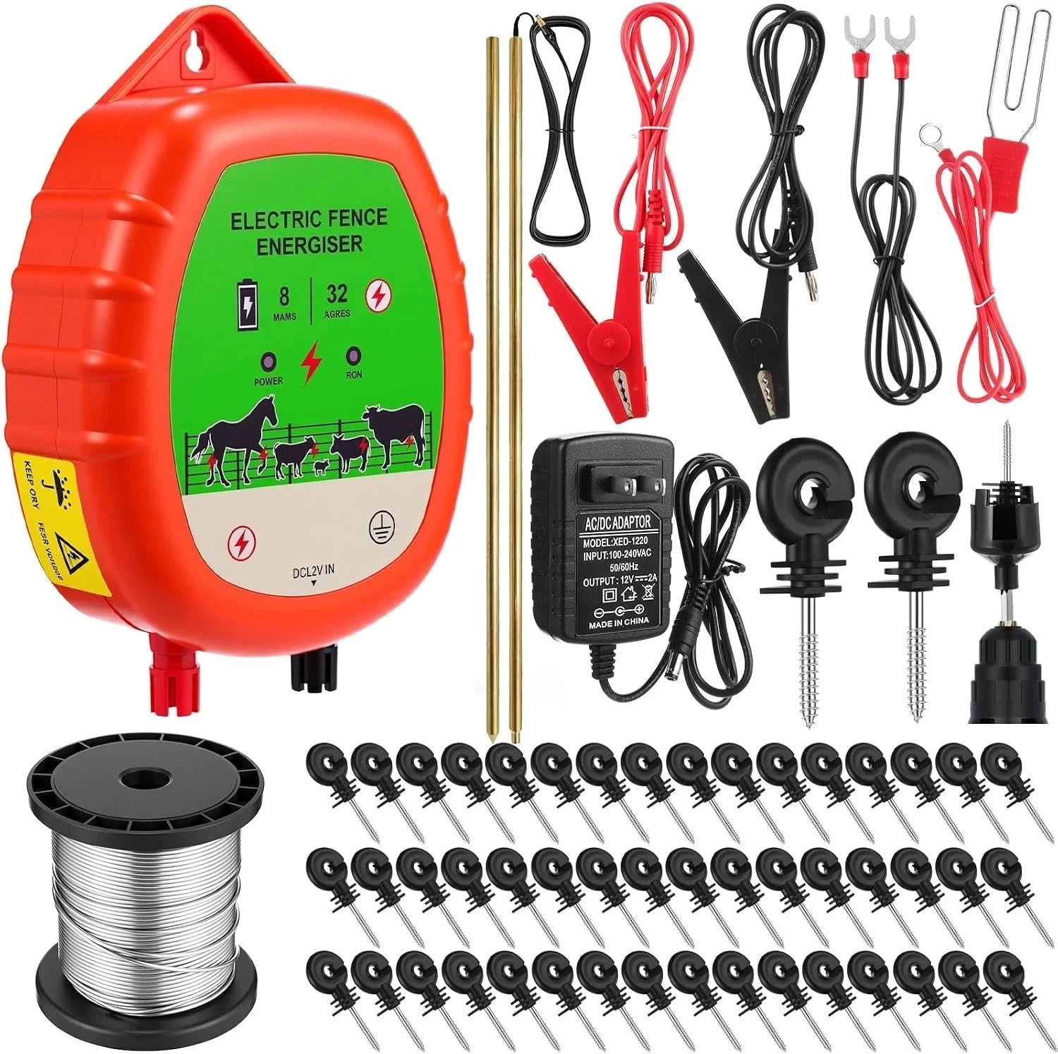 8 Mile Electric Fence Kit for Livestock, 12Kv 2J Electric Fence Charger 50 Black