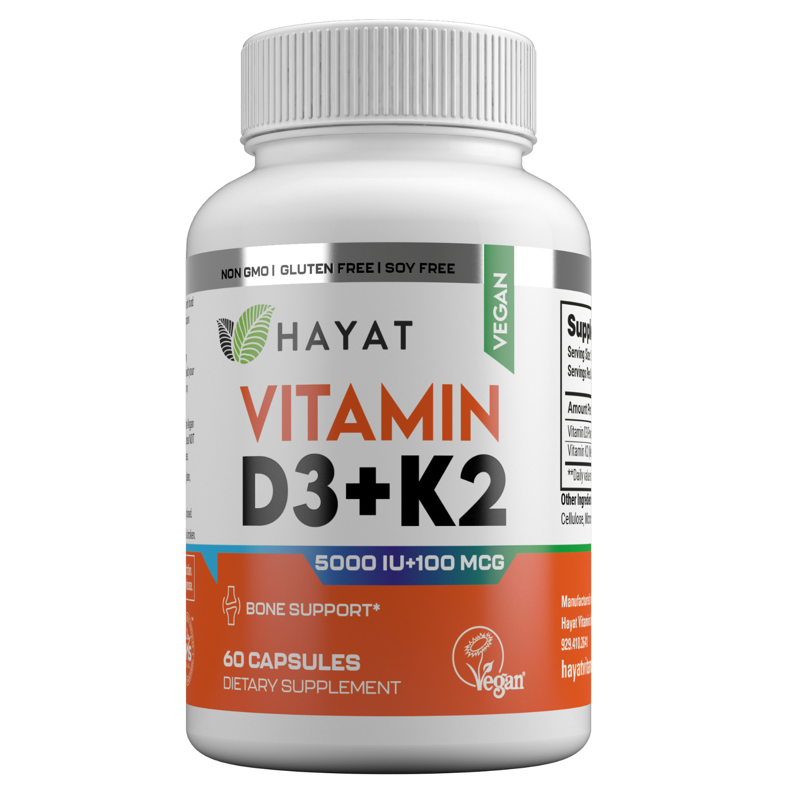 Hayat Vitamins Vegan Natural Vitamin D3+K2 (5000IU + 100MCG), Halal, 60 Capsules Hayat Vitamins Vegan Natural Vitamin D3+K2 (5000IU + 100MCG), Halal, 60 Capsules