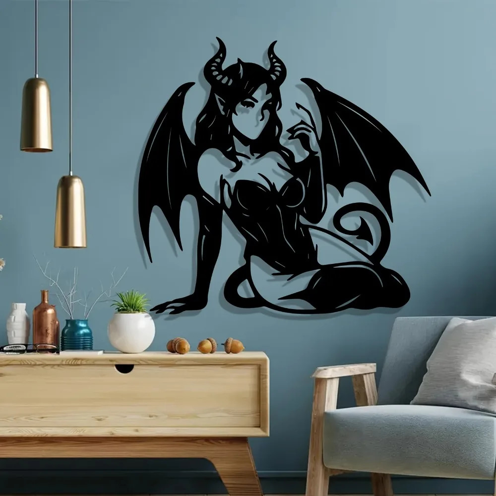 Gothic Winged Woman Metal Wall Art, Dark Fantasy Vampire Home Decor
