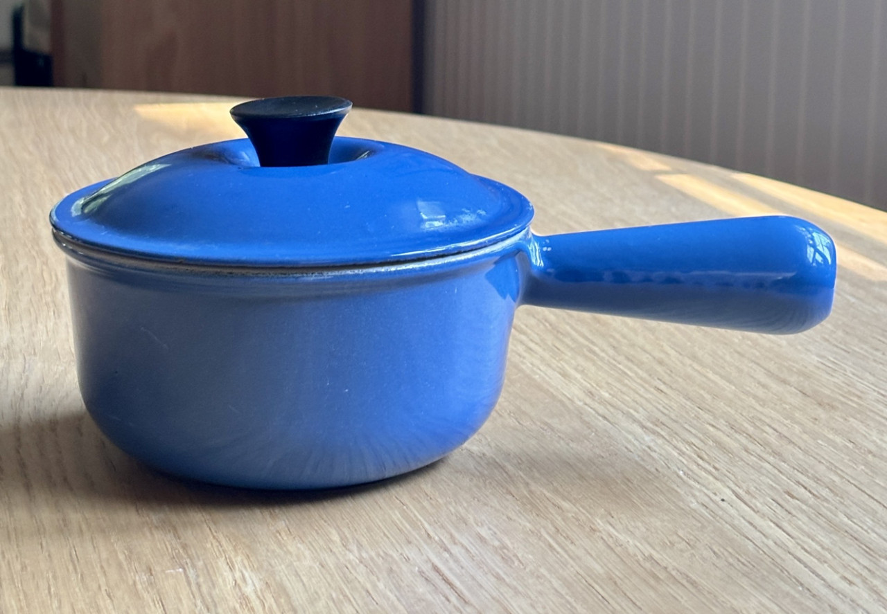 Vintage Le Creuset Blue Cast Iron Covered Sauce Pan 14 Hollow Handle France