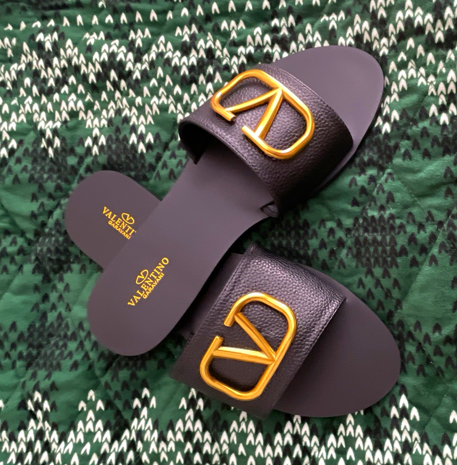 Valentino Garavani Women’s Leather Logo Slide Sandals Black/Gold Slip-On US 9