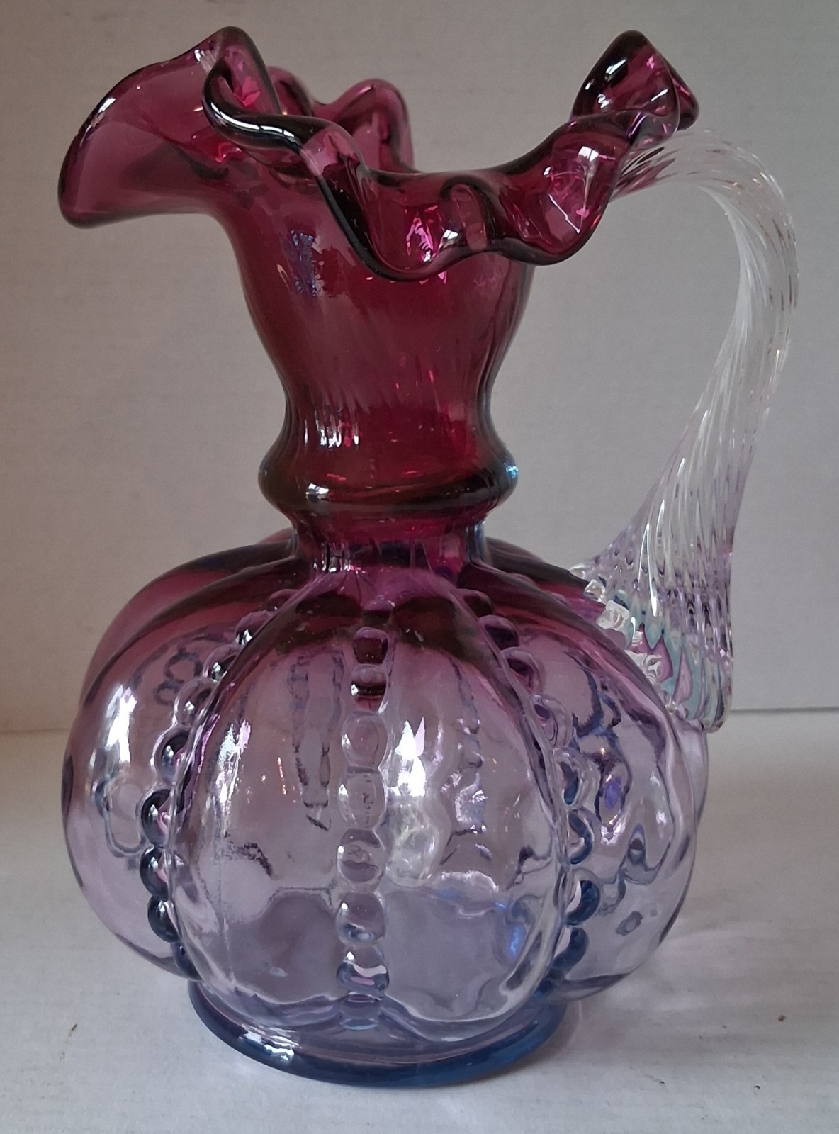 Vintage FENTON Mulberry Amethyst Ombre Beaded Melon Ruffle Edge Pitcher Glass 