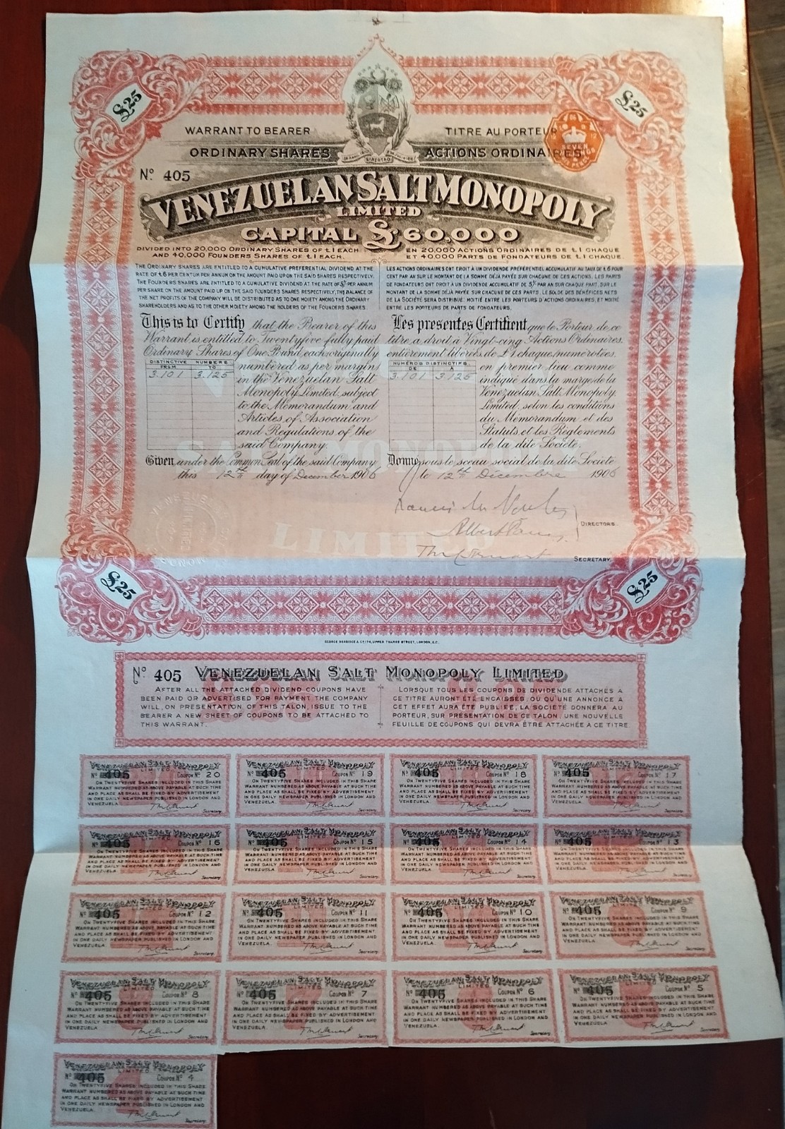 Venezuela 1906 Salt Monopoly 25 Sterling UK GB Share Coupons Action Bond Loan Venezuela 1906 Salt Monopoly 25 Sterling UK GB Share Coupons Action Bond Loan