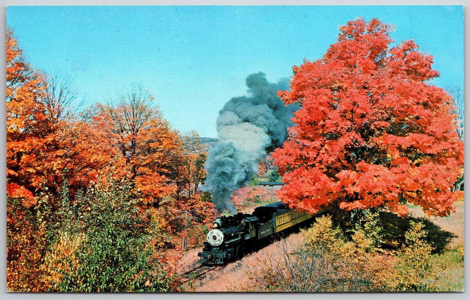 Vintage Postcard Steamtown U.S.A. Steam Train Autumn Foliage Bellows Falls VT