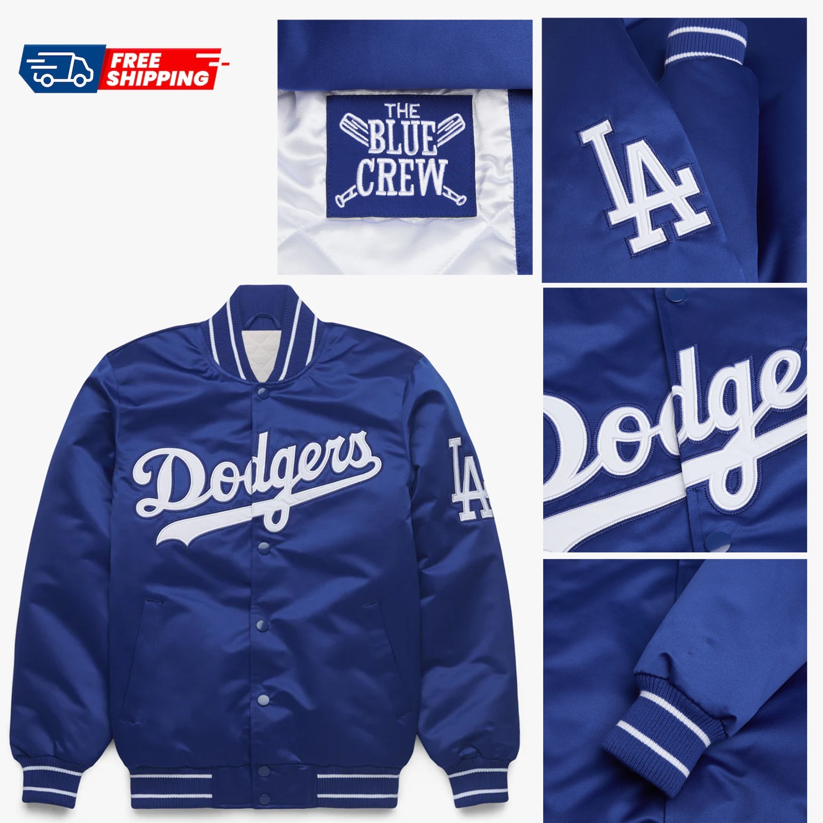 LA Dodgers Blue Satin Varsity Bomber Jacket Baseball vintage style fan Jacket