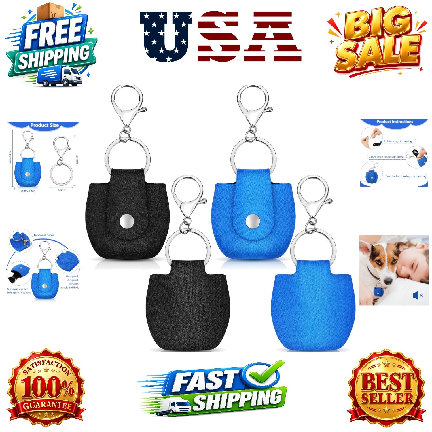 Dog Tag Holder 2 Pieces Pesilencer Quiet Spot T Dog Tag Bag with Ring for Dog...
