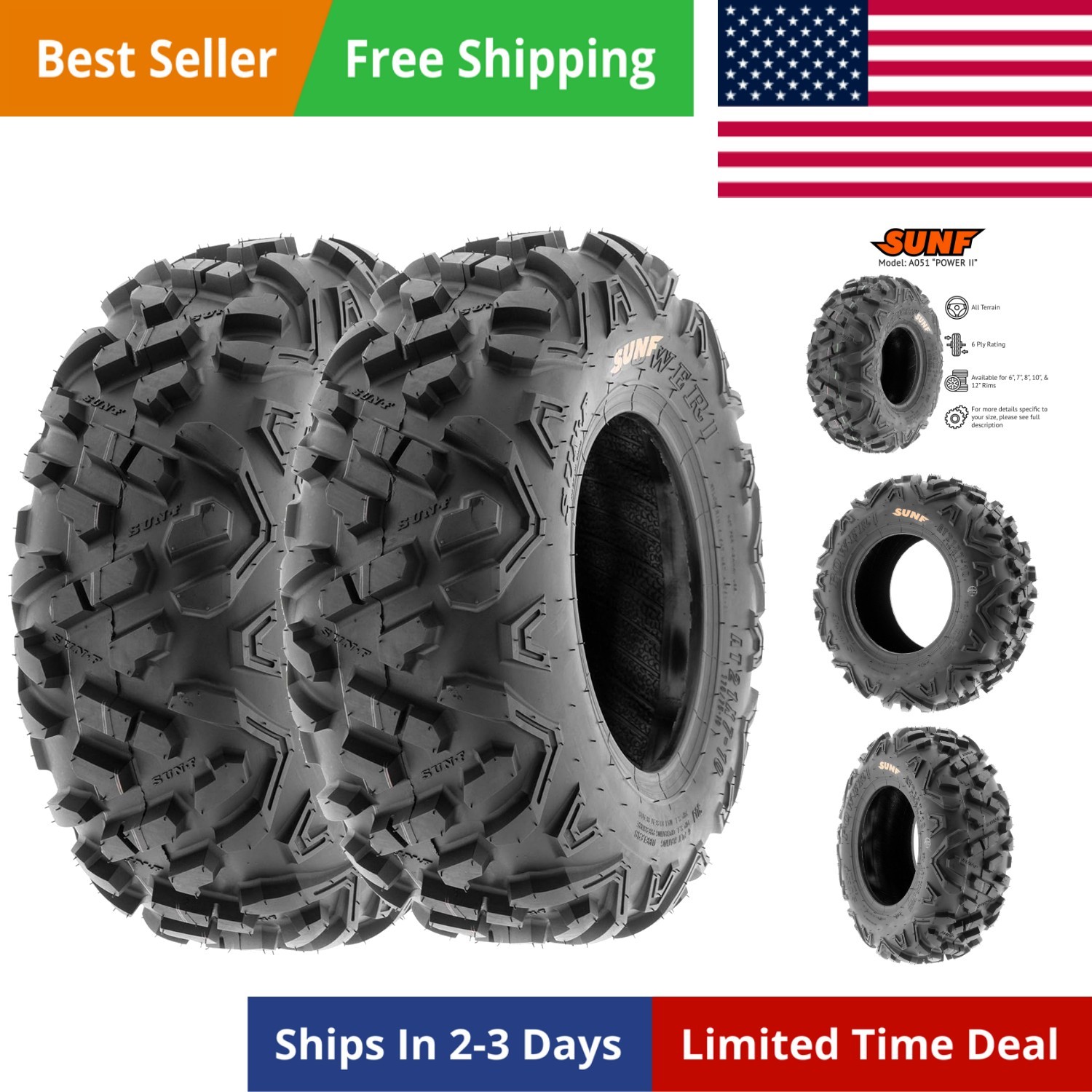 145/70-6 ATV UTV 145/70x6 All Terrain Tires 6 PR A051 POWER II - PAIR of 2