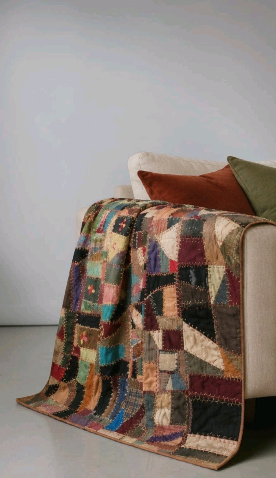 Vintage Hand Embroidered Crazy Quilt Throw Folk Art Patchwork 67x72