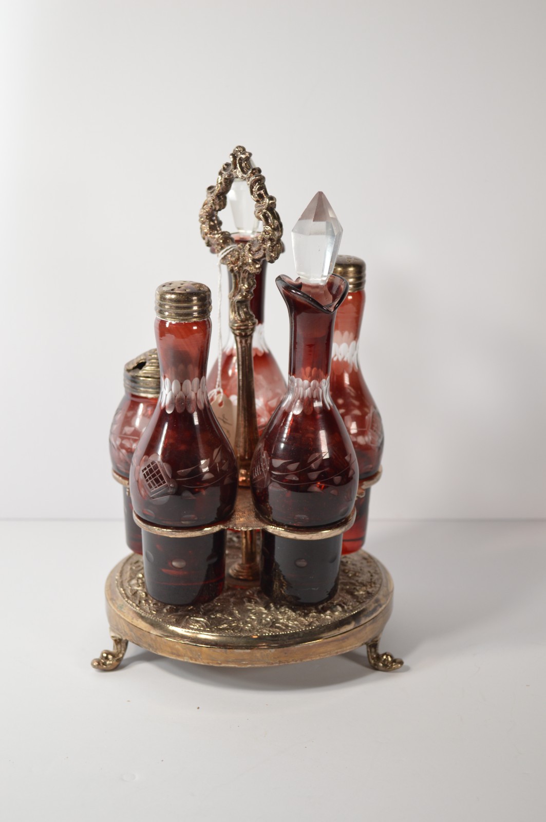 Vintage Ruby Red Cut Glass Cruet Condiment Set Silverplate Caddy 5 Pc Antique Vintage Ruby Red Cut Glass Cruet Condiment Set Silverplate Caddy 5 Pc Antique