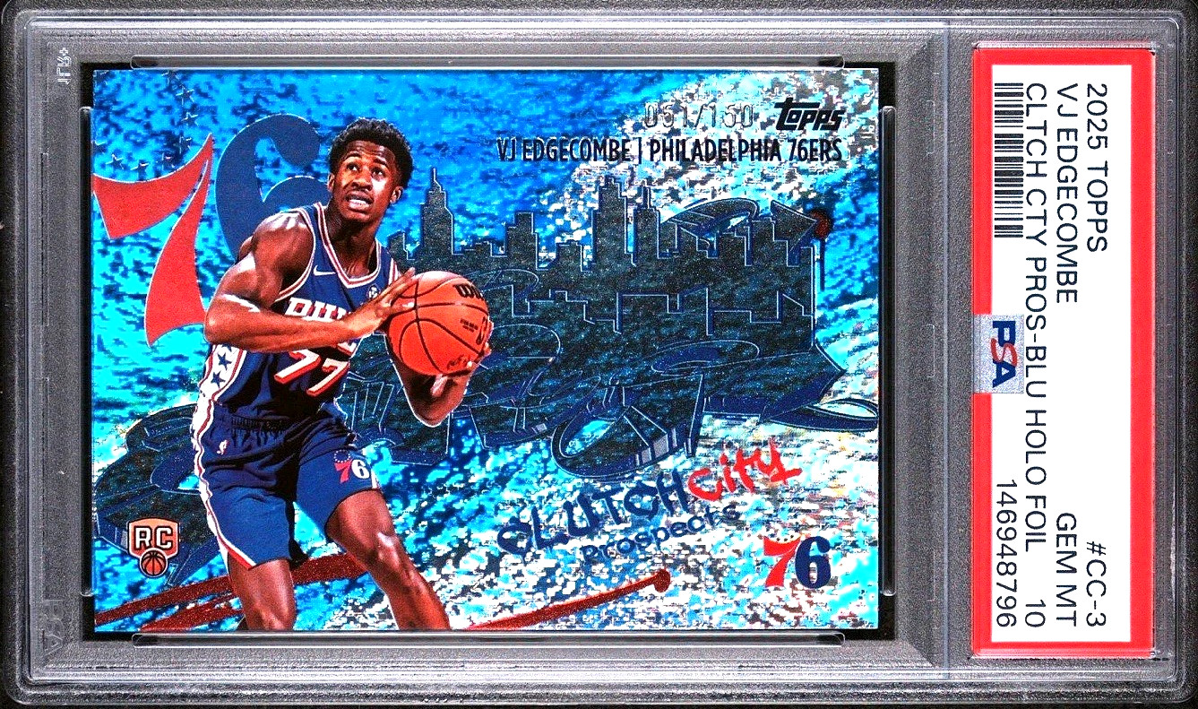 Topps 2025-26 Clutch City Prospect VJ Edgecombe Blue Holofoil #CC-351 /150 PSA10 Topps 2025-26 Clutch City Prospect VJ Edgecombe Blue Holofoil #CC-351 /150 PSA10