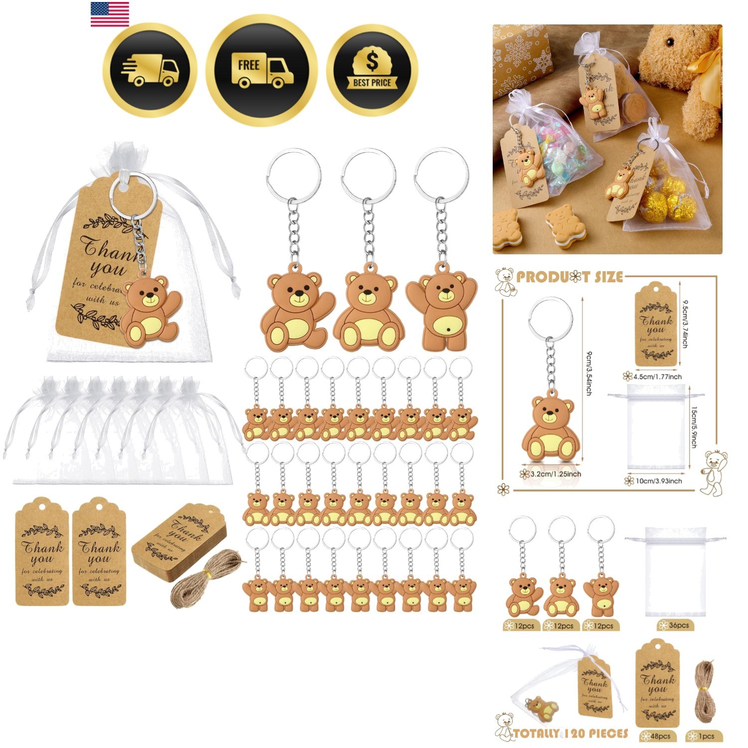120 Pcs Bear Baby Shower Favors Bear Party Favors, Cute Keychain with Organza... 120 Pcs Bear Baby Shower Favors Bear Party Favors, Cute Keychain with Organza...