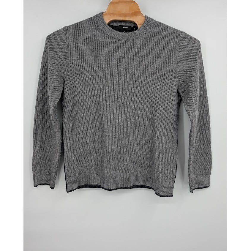 Theory Men\'s Textured Waffle Knit Wool Crewneck Sweater Grey sz Large Theory Men\'s Textured Waffle Knit Wool Crewneck Sweater Grey sz Large