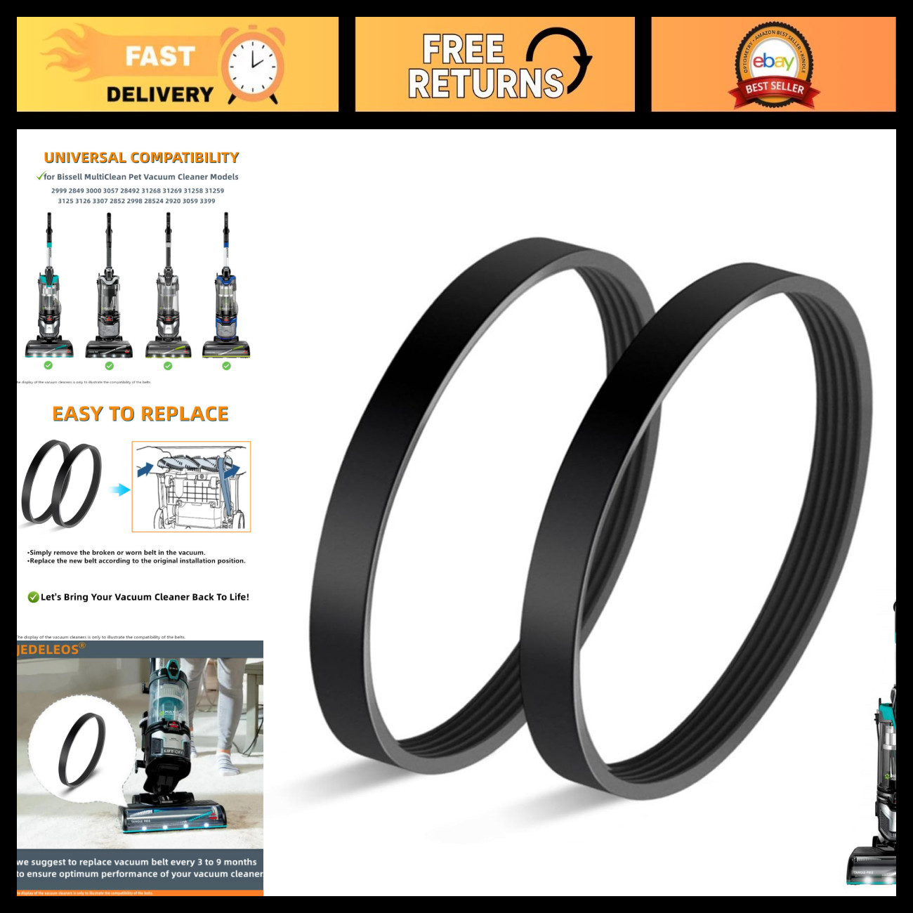 Replacement Vacuum Belts for MultiClean Pet Vacuums - Grooved Triple Action Brus
