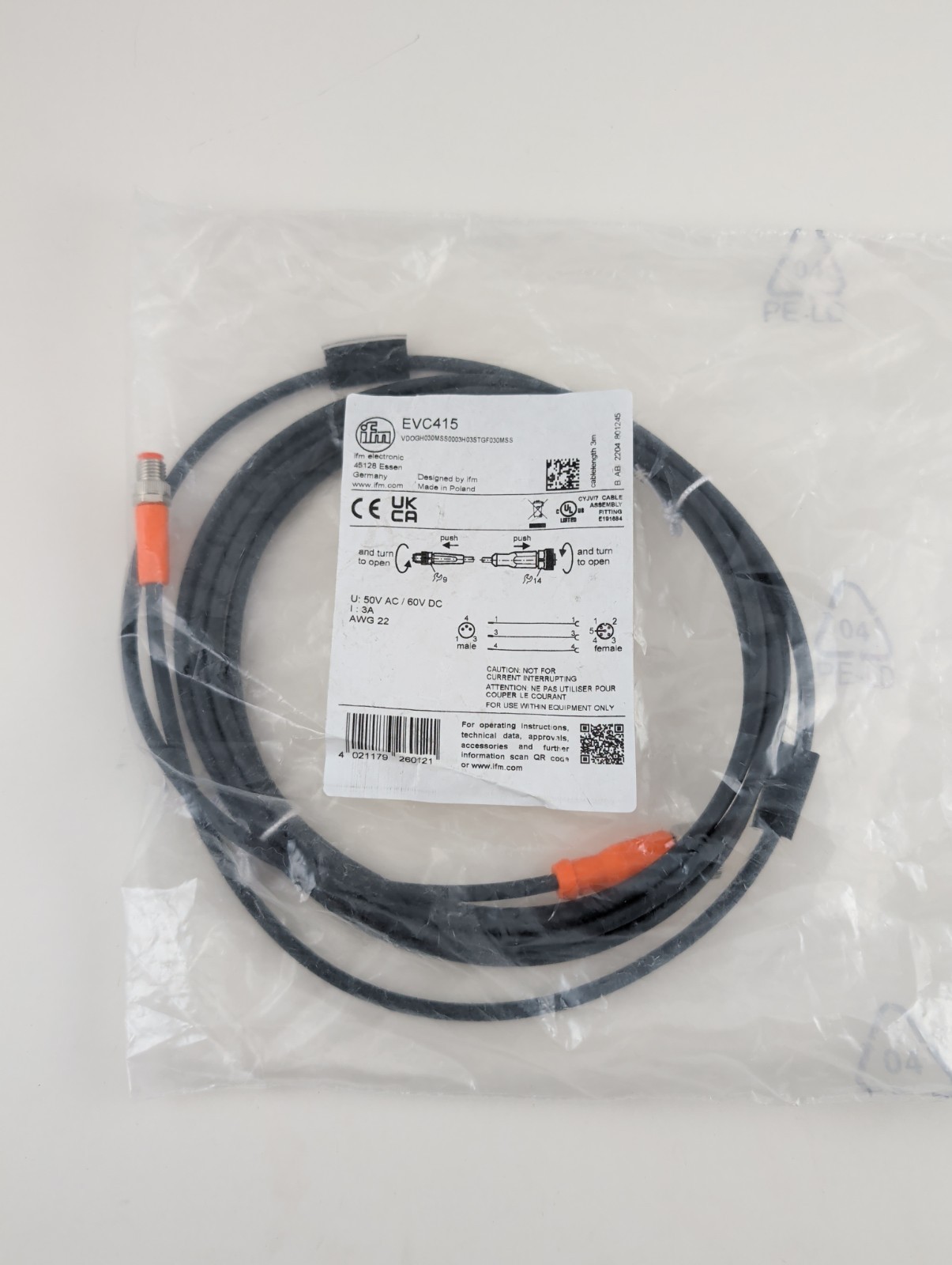 IFM EFECTOR EVC415 Sensor Connection Wire 3m Cable Cord- M12/M8