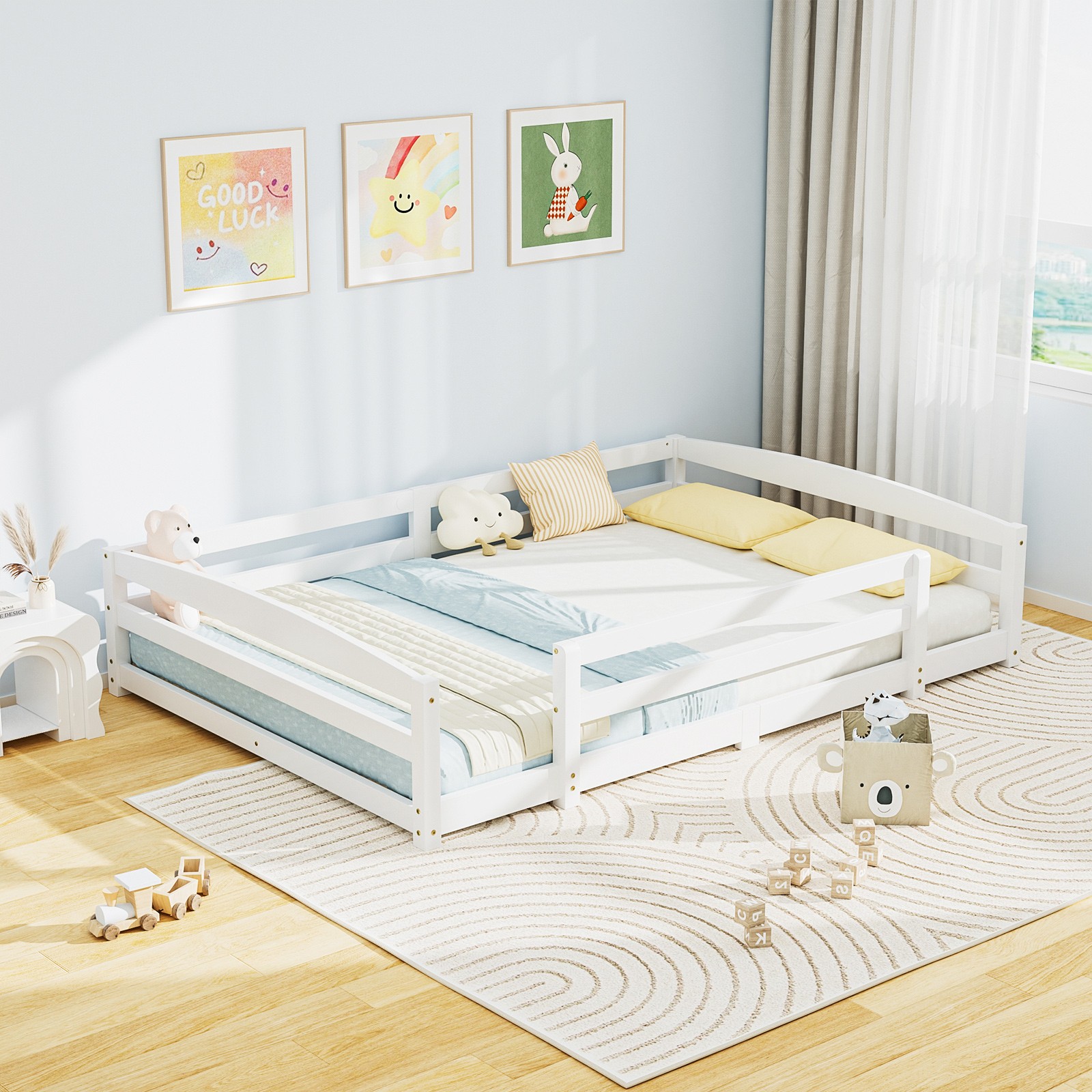 SUNYRISY Montessori Full Size Toddler Floor Bed, Solid Pine Wood Kids Bed Frame