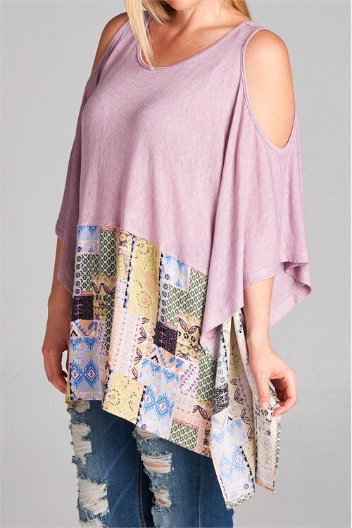 Womens Plus Size Lilac Cold Shoulder Top OSFM Boho Floral