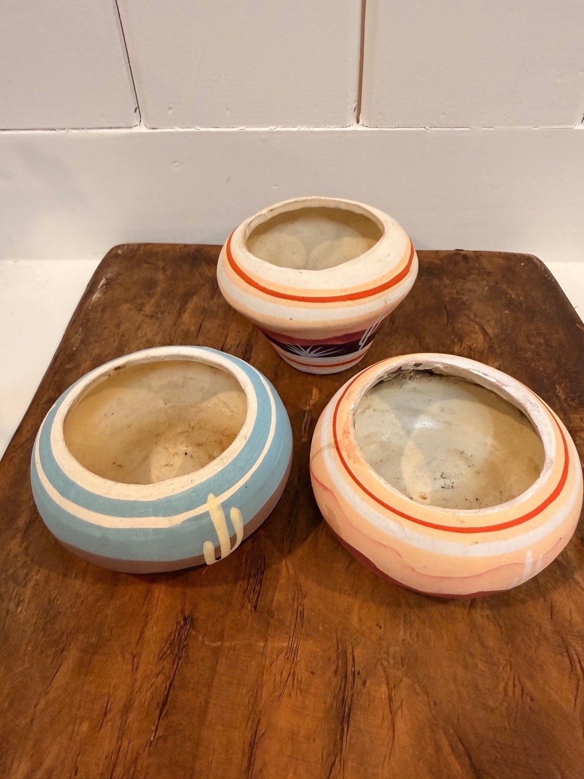 Vintage 1980s Southwest Miniature Art Pottery Set of 3 Hand Painted Seed Pots