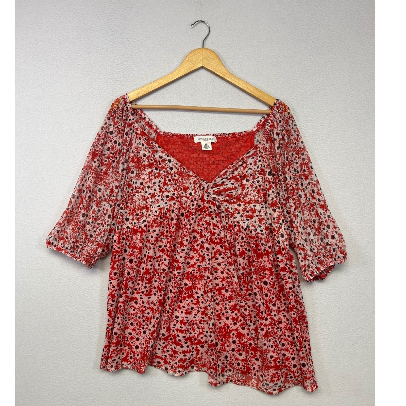 Cottagecore Boho Skye\'s The Limit Woman 2X Red Floral Mesh Smocked V-Neck Top