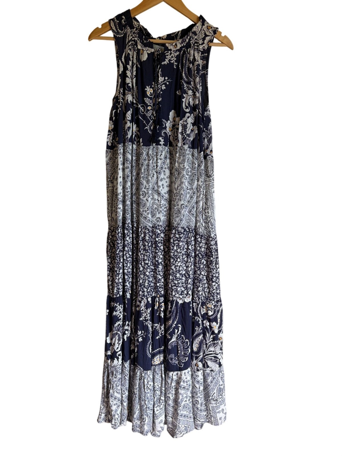New Cupio XL Paisley Floral Navy Blue Patchwork Style Maxi Dress Sleeveless Boh